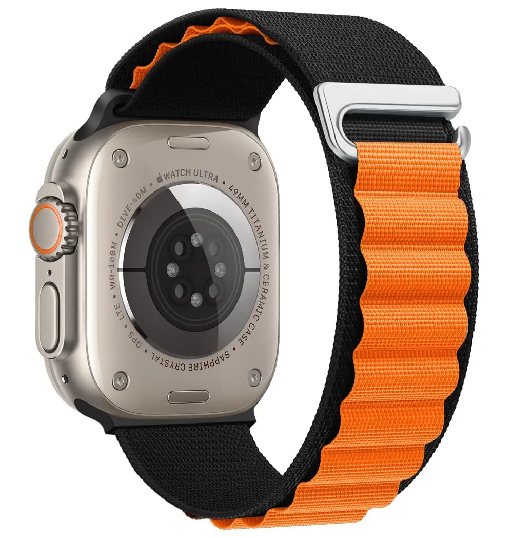 Apple Watch Ultra 49MM 45MM 44MM 42MM — DL3 Mobilak Trail/Alpine Loop Nylon Band Compatible with Apple Watch Ultra 2/Ultra Band 49mm 45mm 44mm 42mm, Adjustable with Metal C-Hook Strap for iWatch Ultra Series 9/8/7/6/5/4/3/2/1/SE2/SE - Black Orange