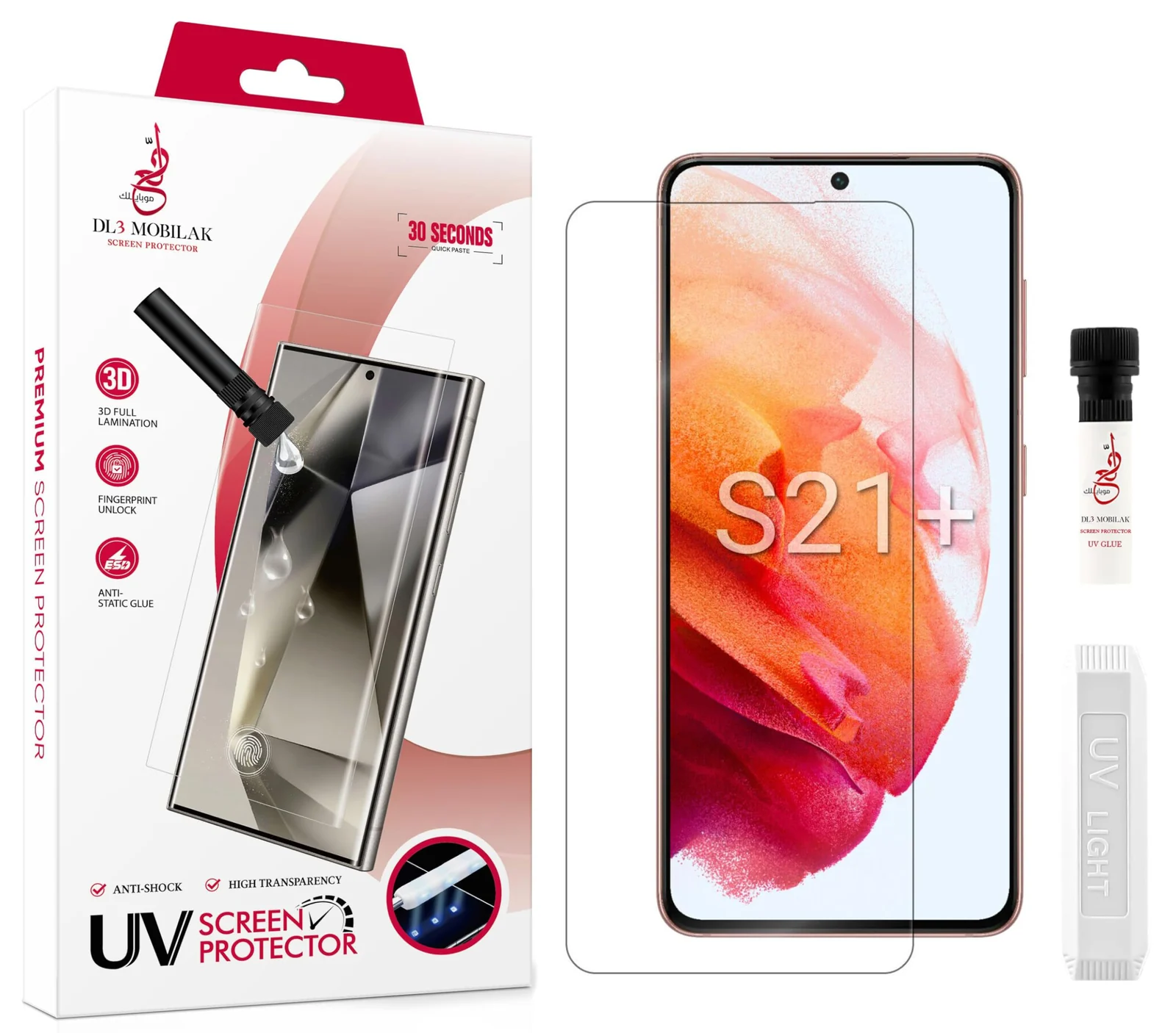 DL3 Mobilak Screen Protector Samsung Galaxy S21 Plus 5G [Liquid UV Tempered Glass] Full Screen adhesive [Sensitive Touch][Fingerprint Sensor Compatible] HD - Clear