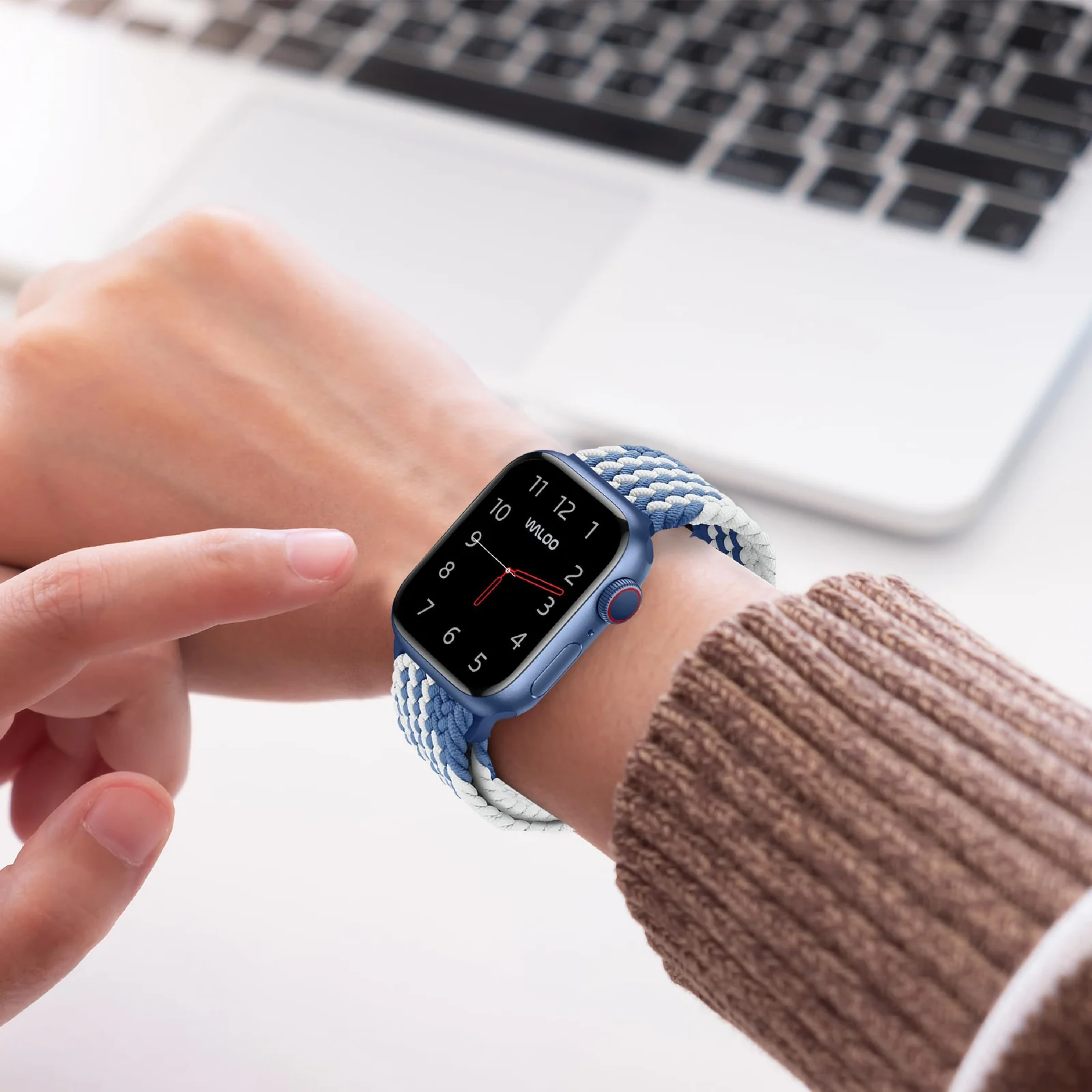 DL3 Mobilak Sport Solo Loop Compatible with Apple Watch Band 42mm 44mm 45mm 46mm 49mm for Women Men, Magnetic Strap Stretchy Braided Wristband for iWatch Series 11 10 9 8 7 6 5 4 3 Ultra 3 2 1 SE SE2 - Blue-White