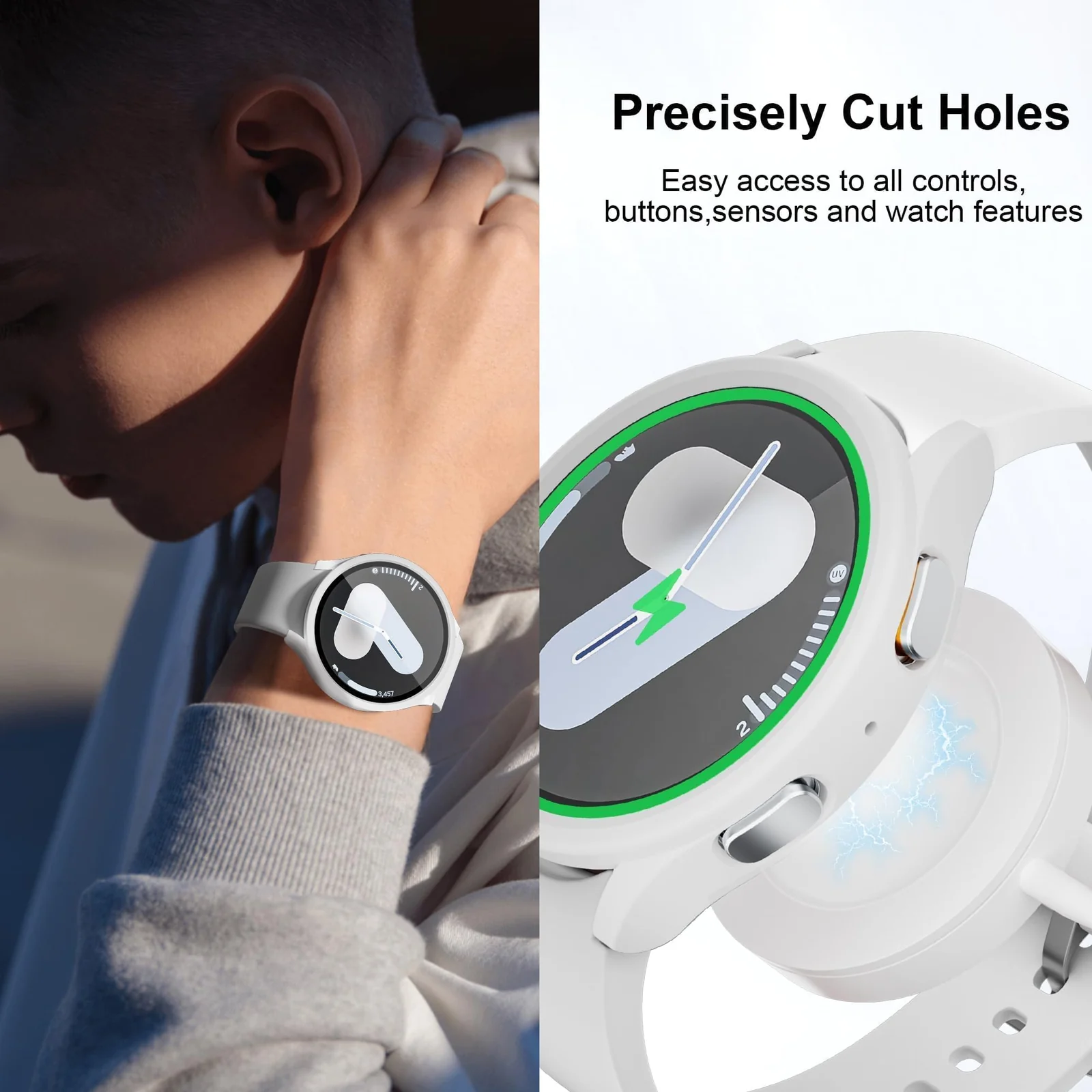 DL3 Mobilak Case with Screen Protector for Samsung Galaxy Watch 7 44mm, Bumper Full Coverage Hard PC Overall Protective Cover, Built-in Tempered Glass Film High Sensitivity - White