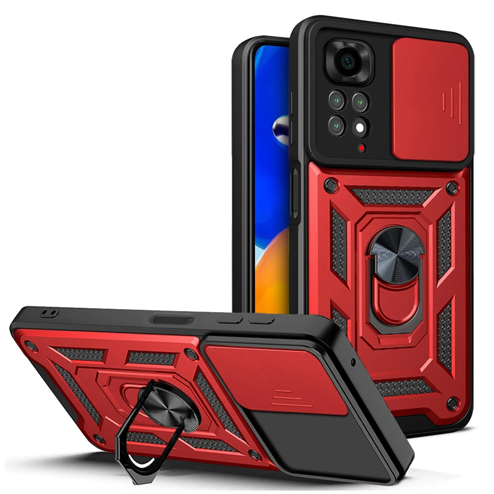 DL3 Mobilak Protective Case with Sliding Camera Cover, Metal Ring Kickstand and Magnetic Car-Mount Support for Xiaomi Redmi Note 12 Pro 4G / Redmi Note 11 Pro 4G&5G - Red