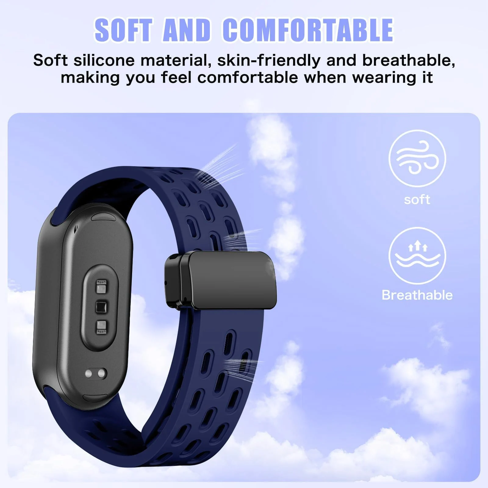 DL3 Mobilak Strap For Xiaomi Mi Band 10/9/8 Magnetic Metal Buckle Sport Silicone Breathable Strap for Men Women Band Quick Release Soft Replacment Wristband For Xiaomi Smart Band 8/9/10 - Blue