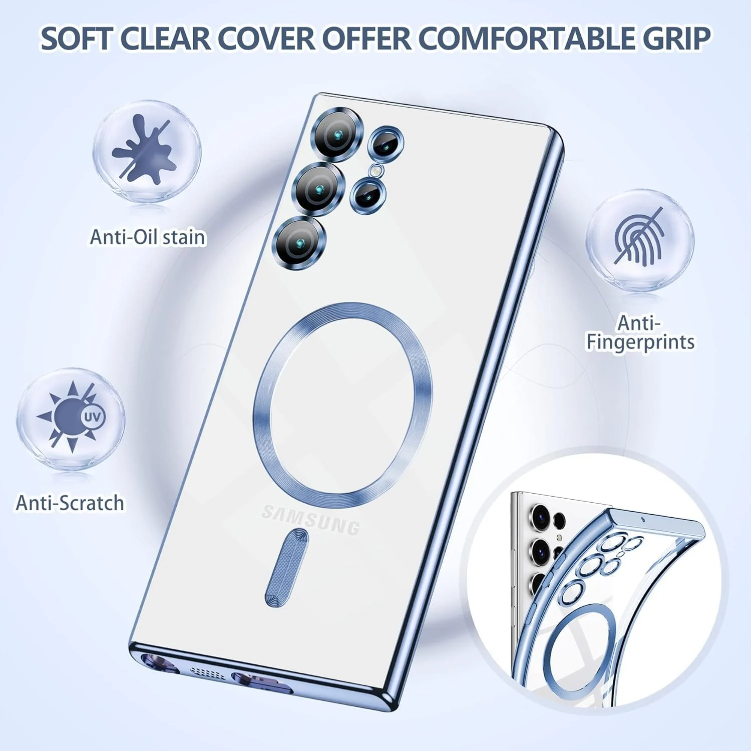 DL3 Mobilak Clear MagSafe-Compatible Magnetic Case for Samsung Galaxy S22 Ultra with Camera Protection and Magnetic Car-Mount Support - Blue