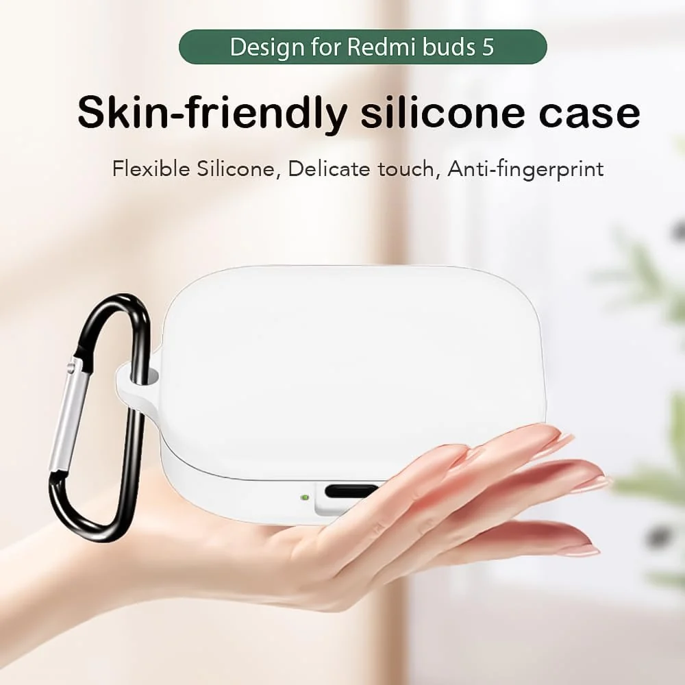 DL3 Mobilak Compatible with Xiaomi Redmi Buds 5 Case Cover, Soft Silicone Shockproof Protective Skin Case for Xiaomi Redmi Buds 5 Wireless Earbuds with Carabiner - White