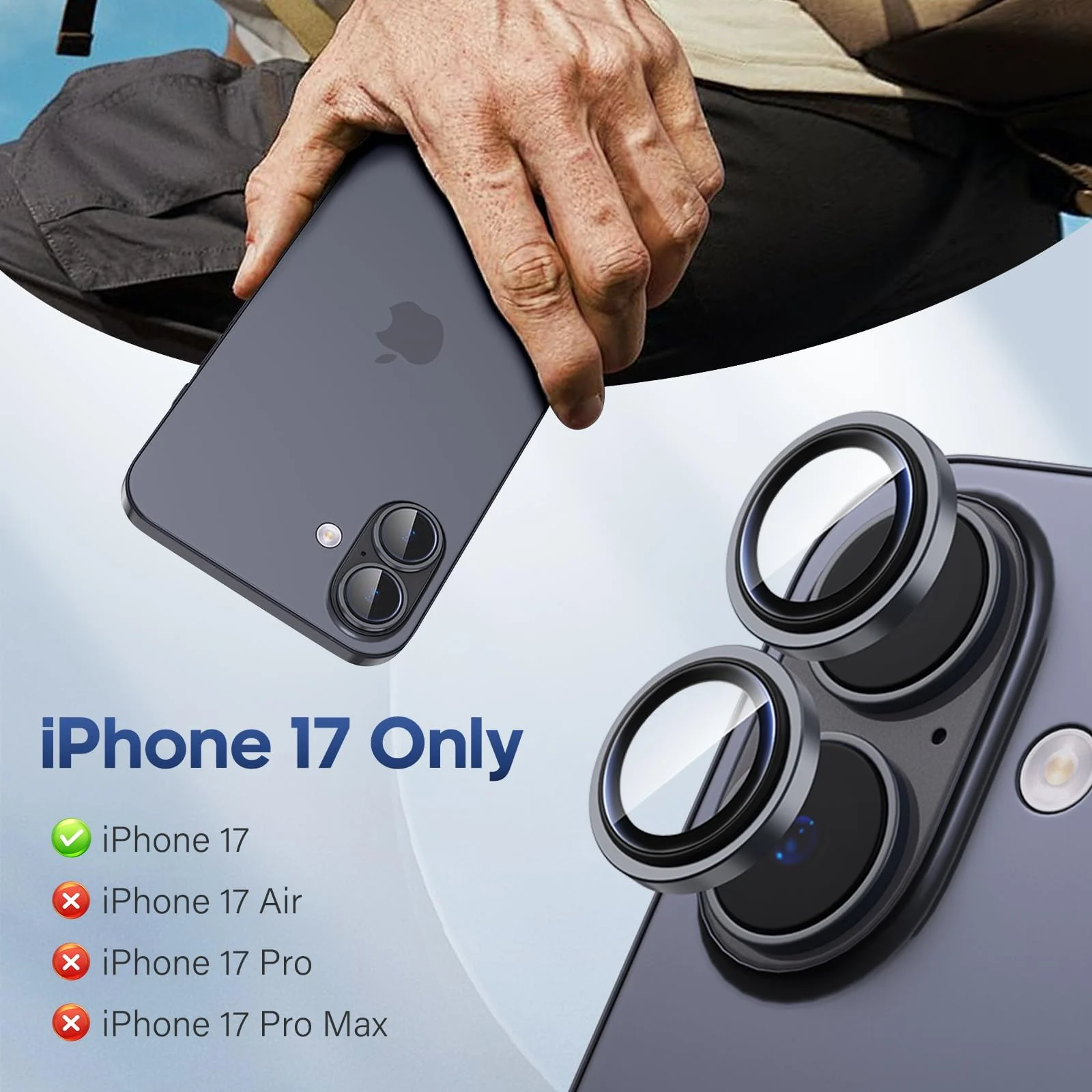 DL3 Mobilak Camera Lens Protector for iPhone 17 Accessories, 9H Tempered Glass Metal Individual Ring Camera Cover Screen Protector, Case Friendly, Anti Scratch - Black