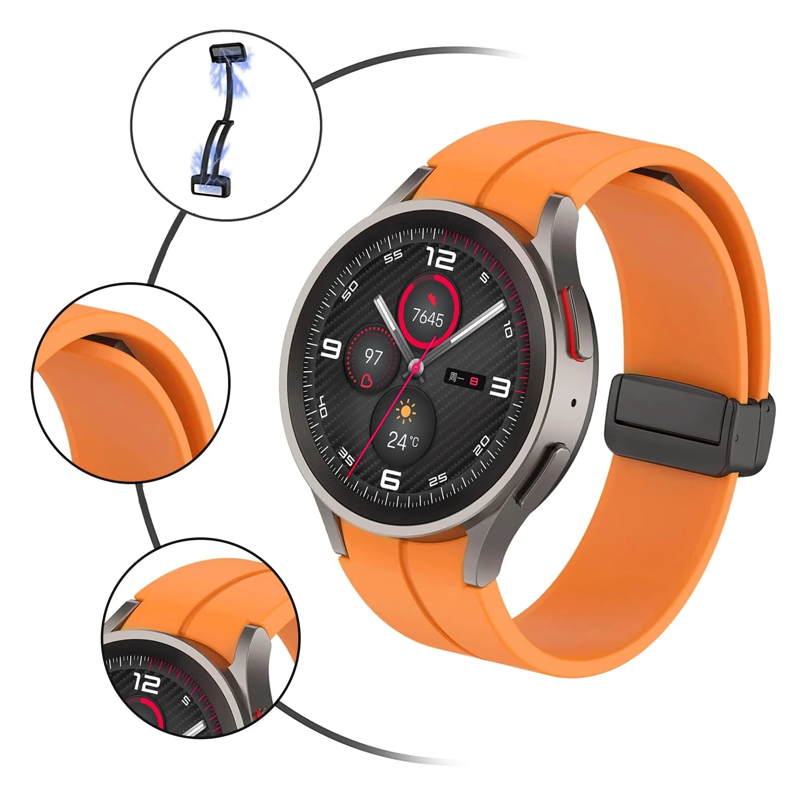DL3 Mobilak Strap Compatible with Samsung Galaxy Watch 7 FE 6 5 4 Strap 40mm 44mm/Watch 6 Classic 43mm 47mm/5 Pro 45mm/4 Classic 42mm 46mm, No Gap Magnetic Clasp Silicone Band - Orange