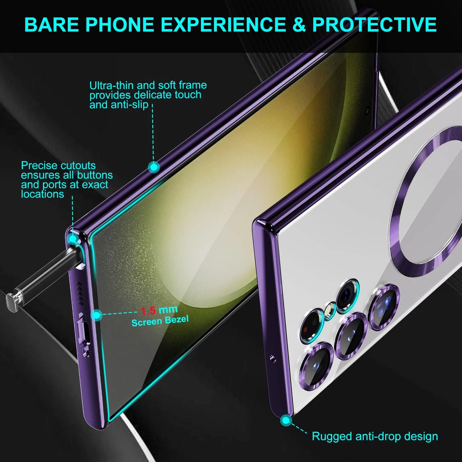 DL3 Mobilak Glitter Protective Case for Samsung Galaxy S24 Ultra, Compatible with MagSafe accessories, Built-in magnetic car-mount support, Camera protection - Purple