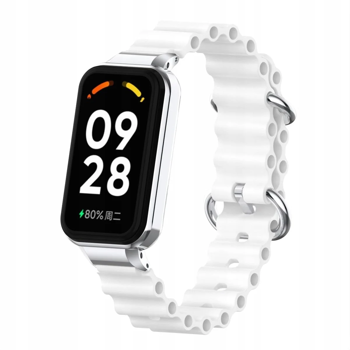 DL3 Mobilak Ocean Strap Compatible with Xiaomi Redmi Band 2/ Xiaomi Smart Band 8 Active, Adjustable Silicone Strap with Metal Buckle, Band With Frame Metal Women Men Replacement Strap - White