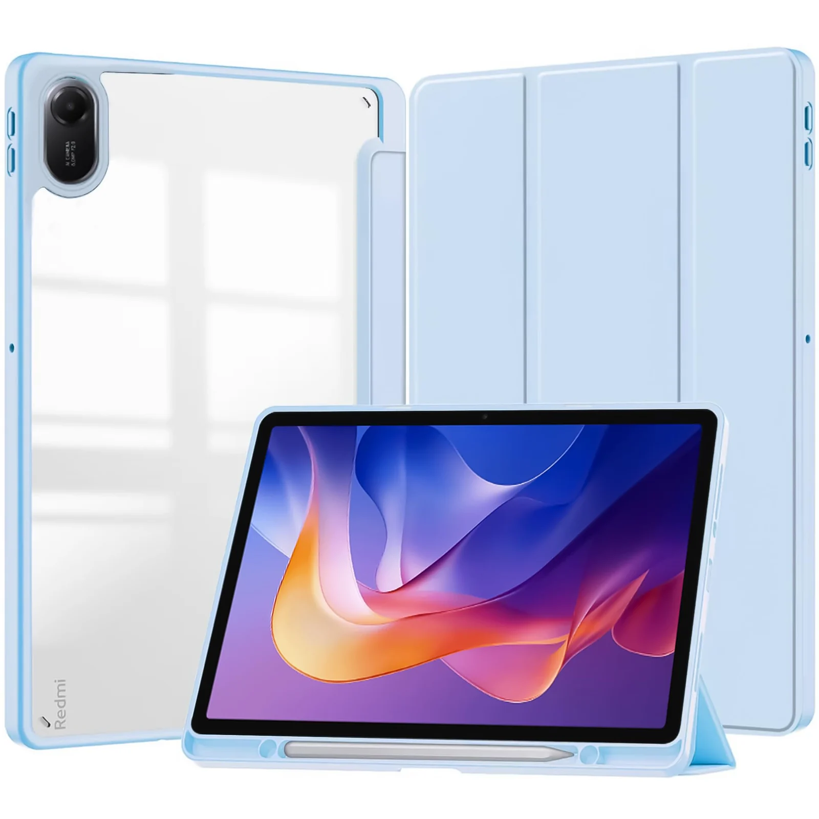 DL3 Mobilak Case for Xiaomi Redmi Pad 2 2025 11 inch with Built-in Pencil Holder, Clear Transparent PC Back, Shockproof Tri-Fold Stand Tablet Cover, Auto Wake/Sleep