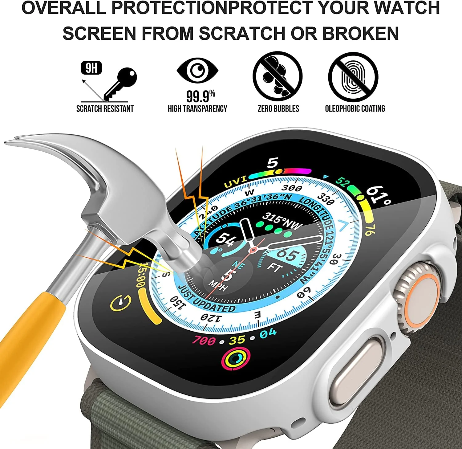 DL3 Mobilak Hard Case Designed for Apple Watch Ultra 2 (2023) / Ultra 1 49mm, Built-in 9H [HD Clear] Tempered Glass Screen Protector, [Full Protection] Slim Cover for iWatch 49mm - White