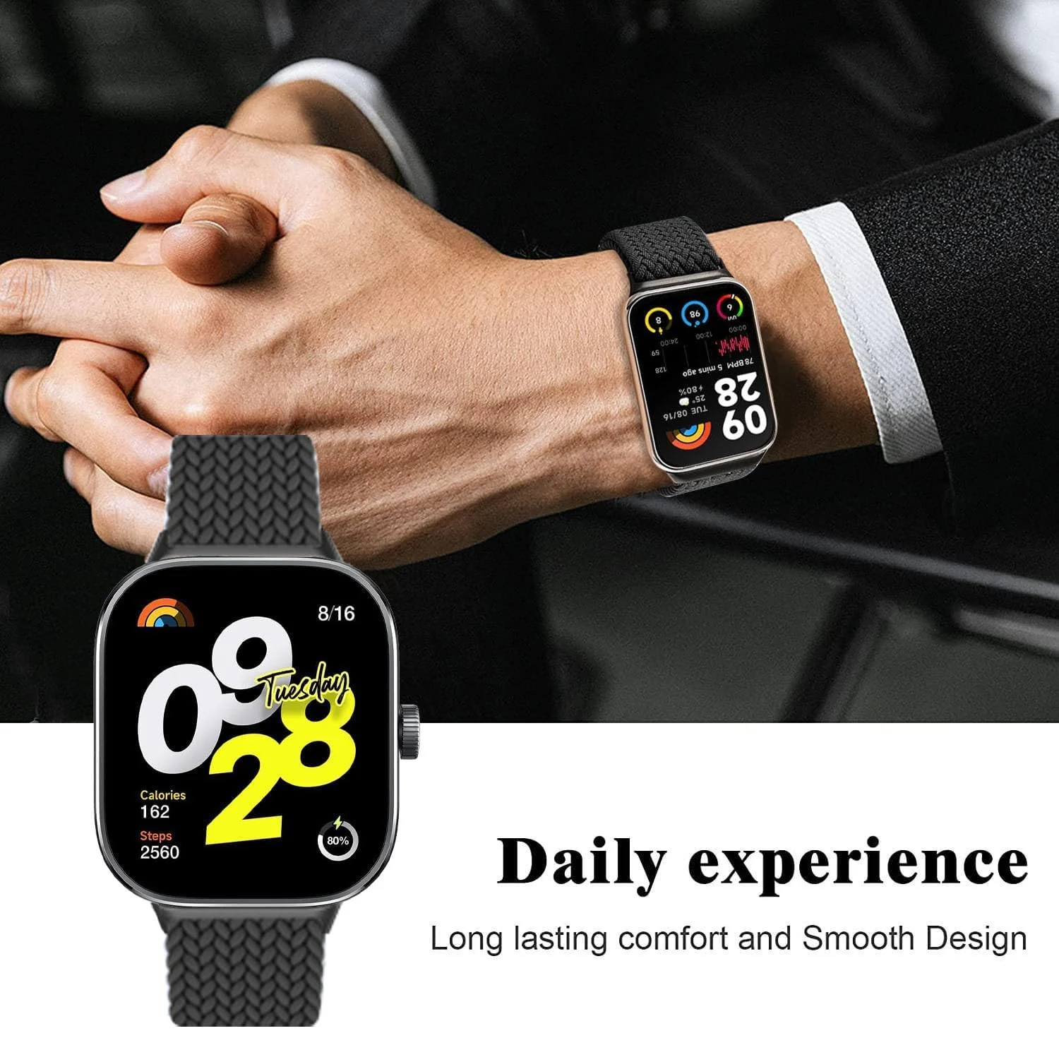 DL3 Mobilak Braided Band For Redmi 4/5 / 6 / Xiaomi Smart Band 8 Pro/Band 9 Pro for Women Men, Adjustable Braided Bands Straps Elastics Sport Wristband Nylon Strap - Colorful Black
