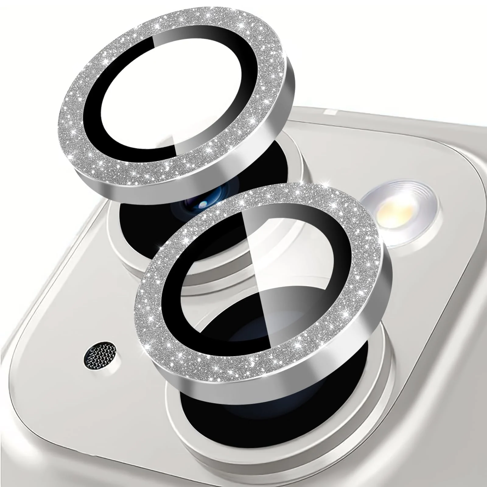 DL3 Mobilak Compatible with iPhone 15/15 Plus & iPhone 14/14 Plus Camera Lens Protector, Anti-Scratch HD Tempered Glass Lens Screen Protection Cover, Metal Individual Lens Ring - Glitter Silver