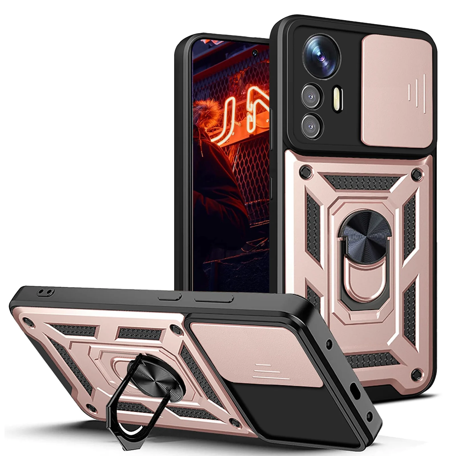 DL3 Mobilak Military-Grade Protective Case with Sliding Camera Cover, Metal Ring Kickstand and Magnetic Car-Mount Support for Xiaomi Redmi Note 12S - Rose Gold