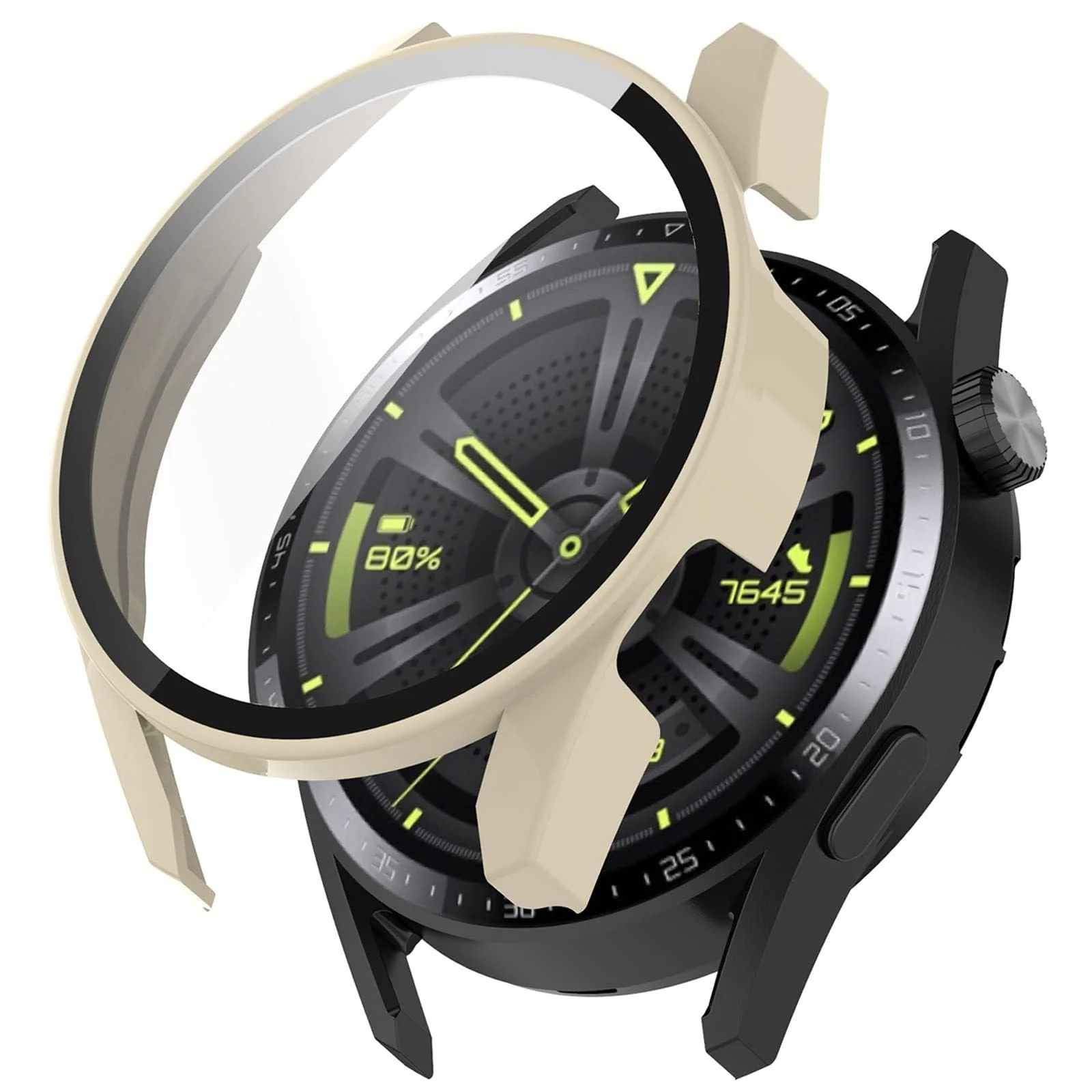 DL3 Mobilak Protective Case Compatible with Huawei Watch GT3 46mm 9H Hardness PC Case Bumper Full Slim Protective Cover with Tempered Glass For Huawei Watch GT 3 46mm - Ivory White