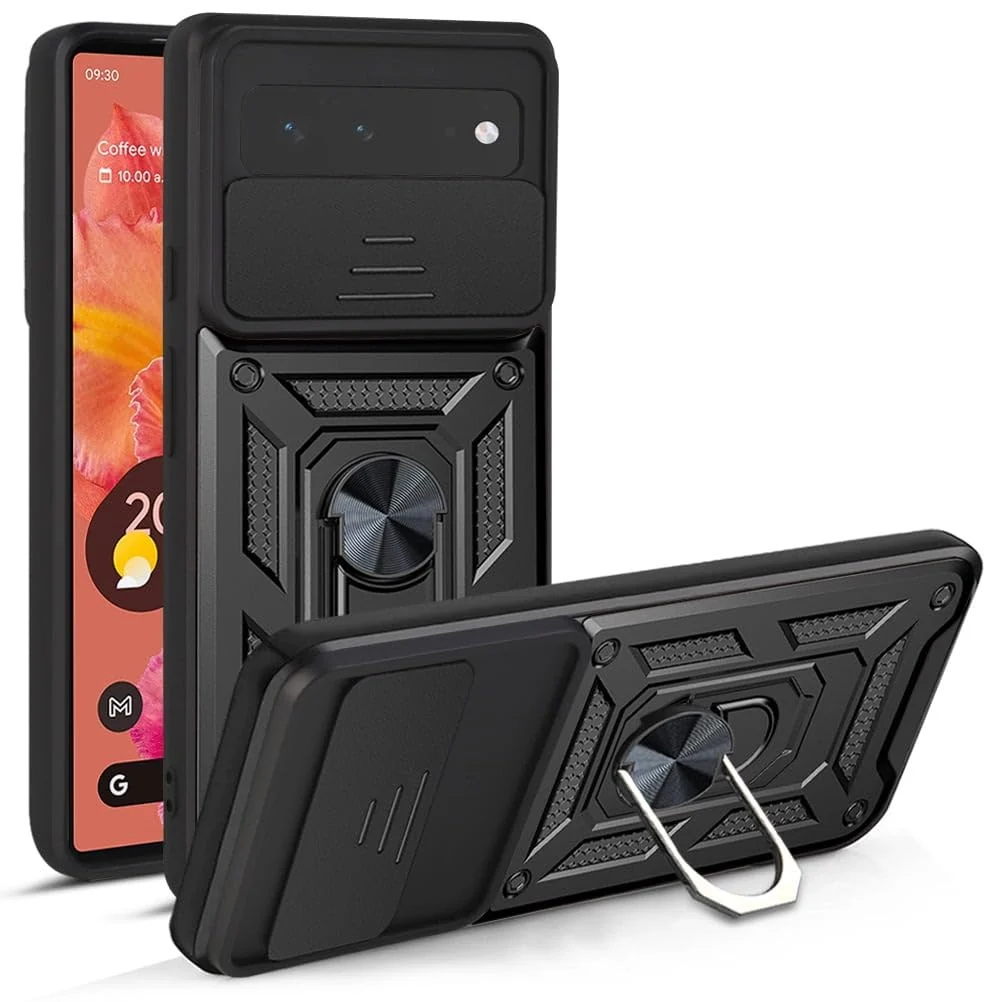 DL3 Mobilak Military-Grade Protective Case with Sliding Camera Cover, Metal Ring Kickstand and Magnetic Car-Mount Support for Google Pixel 6 - Black