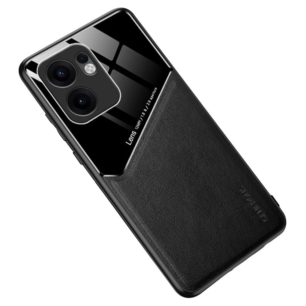 DL3 Mobilak Luxury Case For OPPO Reno 13F / Reno13 F, Ultra-Thin Soft TPU Frame, Back Leather Mixed Double+Plexiglass Protective Cover With Built-in Car Magnetic - Black