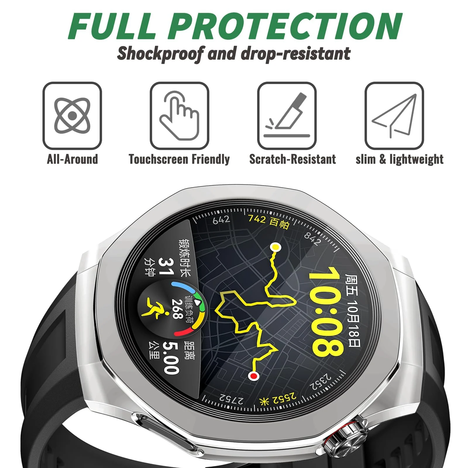 DL3 Mobilak Protective Case compatible with Huawei Watch GT 5 Pro 46mm, All-around Flexible TPU Case with Built-in Screen Protector, Soft Frame & Shockproof Cover fit Huawei Watch GT5 Pro - Silver