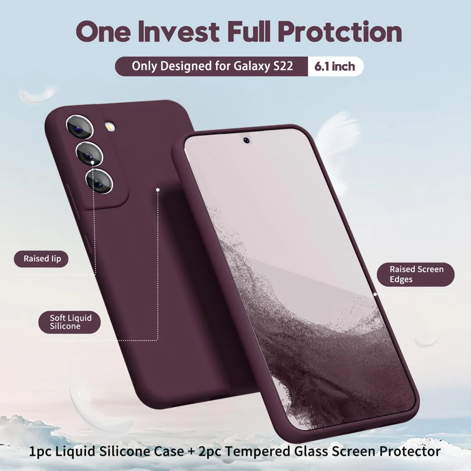 DL3 Mobilak Liquid Silicone Protective Case with Soft Microfiber Lining with Full Camera Protection for Samsung Galaxy S22 5G - Wine Red