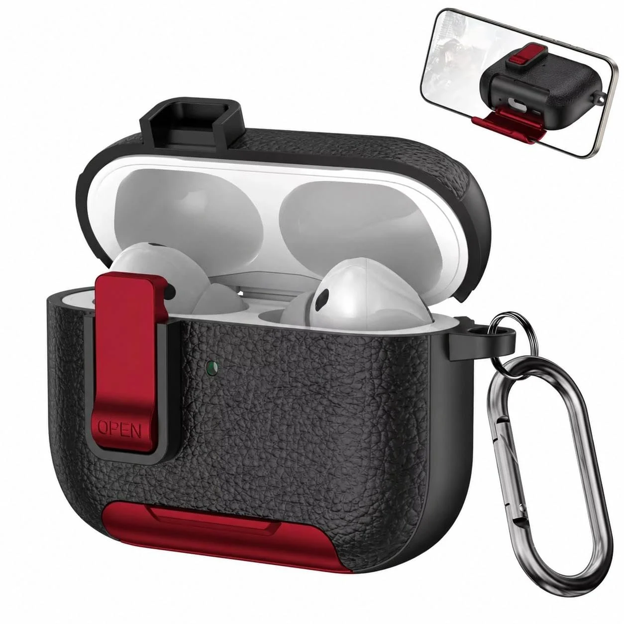 Mobigon for AirPods Pro 2nd / 1st Leather Case with Secure Lock Clip, Support Wireless Charge, Stand and Charging Port Dustproof Design with Carabiner for AirPods Pro 2 (Black/Red)