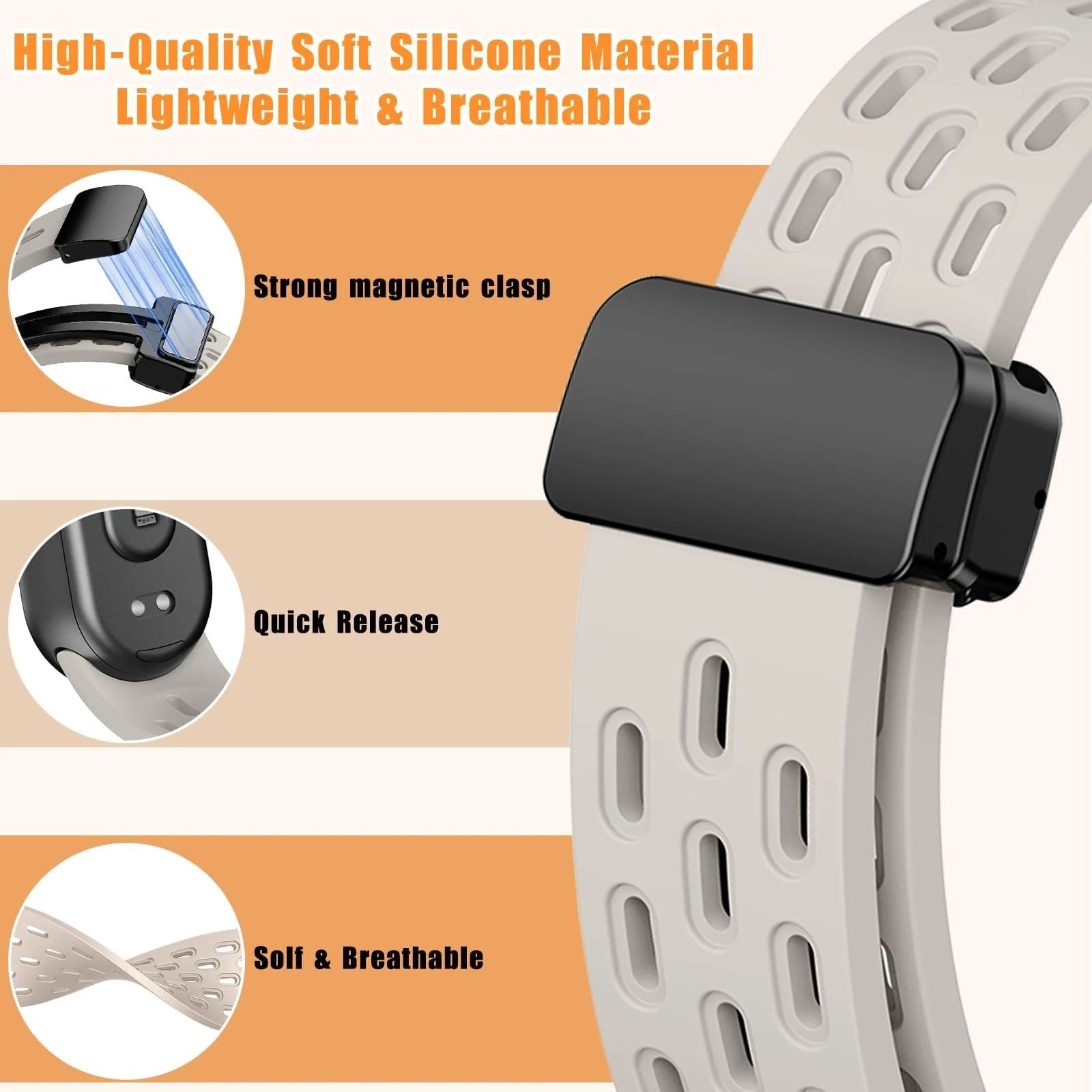 DL3 Mobilak Strap For Xiaomi Mi Band 10/9/8 Magnetic Metal Buckle Sport Silicone Breathable Strap for Men Women Band Quick Release Soft Replacment Wristband For Xiaomi Smart Band 8/9/10 - Starlight