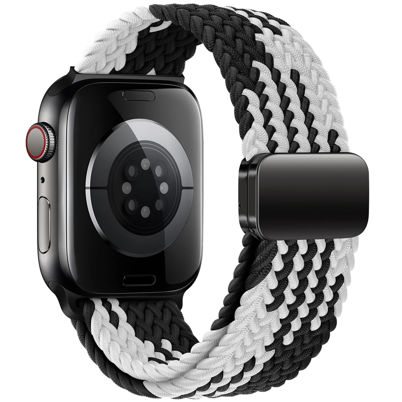 DL3 Mobilak Sport Solo Loop Compatible with Apple Watch Band 42mm 44mm 45mm 46mm 49mm for Women Men, Magnetic Strap Stretchy Braided Wristband for iWatch Series 11 10 9 8 7 6 5 4 3 Ultra 3 2 1 SE SE2 - Black White