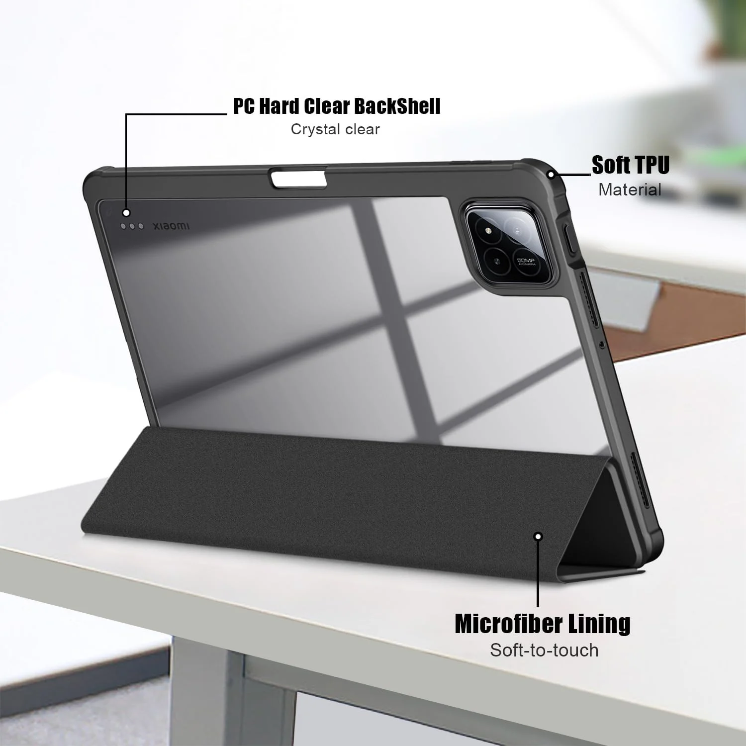 DL3 Mobilak Case for Xiaomi Pad 7 / Xiaomi Pad 7 Pro 2024 11.2 inch, Clear Shockproof Back Cover Built-in Pencil Holder, Auto Sleep/Wake - Black