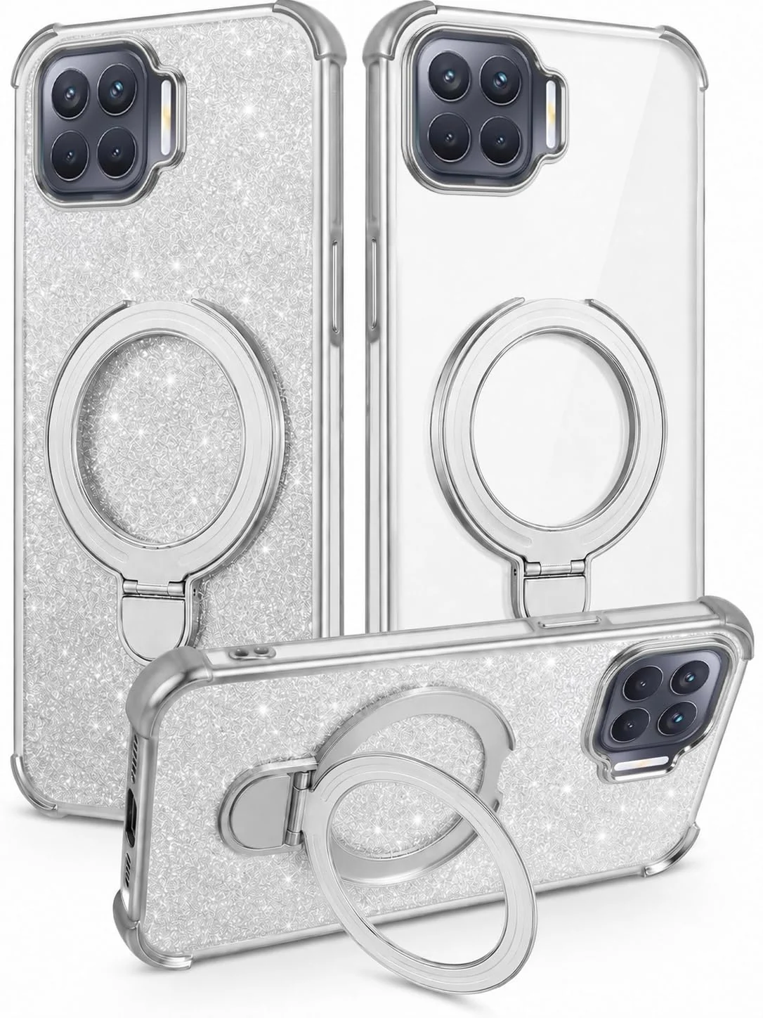 Mobigon Glitter Phone Case Compatible with OPPO A93 4G, Magnetic Ring Stand Shockproof Cover, Clear Soft TPU Bumper with Full Camera Protection - Silver