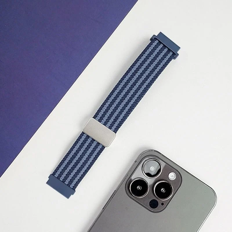 DL3 Mobilak 18mm Nylon Braided band compatible with Huawei Watch GT6 41mm/GT5 Pro 42mm/GT5 41mm/GT4 41mm/Huawei Watch 5 42mm, Magnetic Buckle Stretchy Nylon Strap for Garmin Venu 2S/3S/Vivomove 3S/Vivoactive 4S - Blue Striped