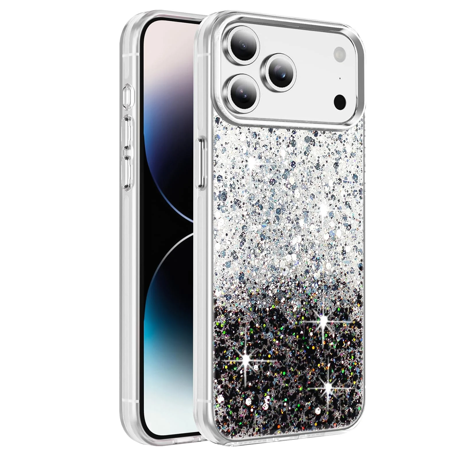 DL3 Mobilak Compatible with iPhone 17 Pro 6.3-Inch Case, Clear Glitter Bling Sparkly, Soft TPU Frame Bumper, Hard-Back Cover for Women & Girls, Transparent Protective Phone Case - White Black