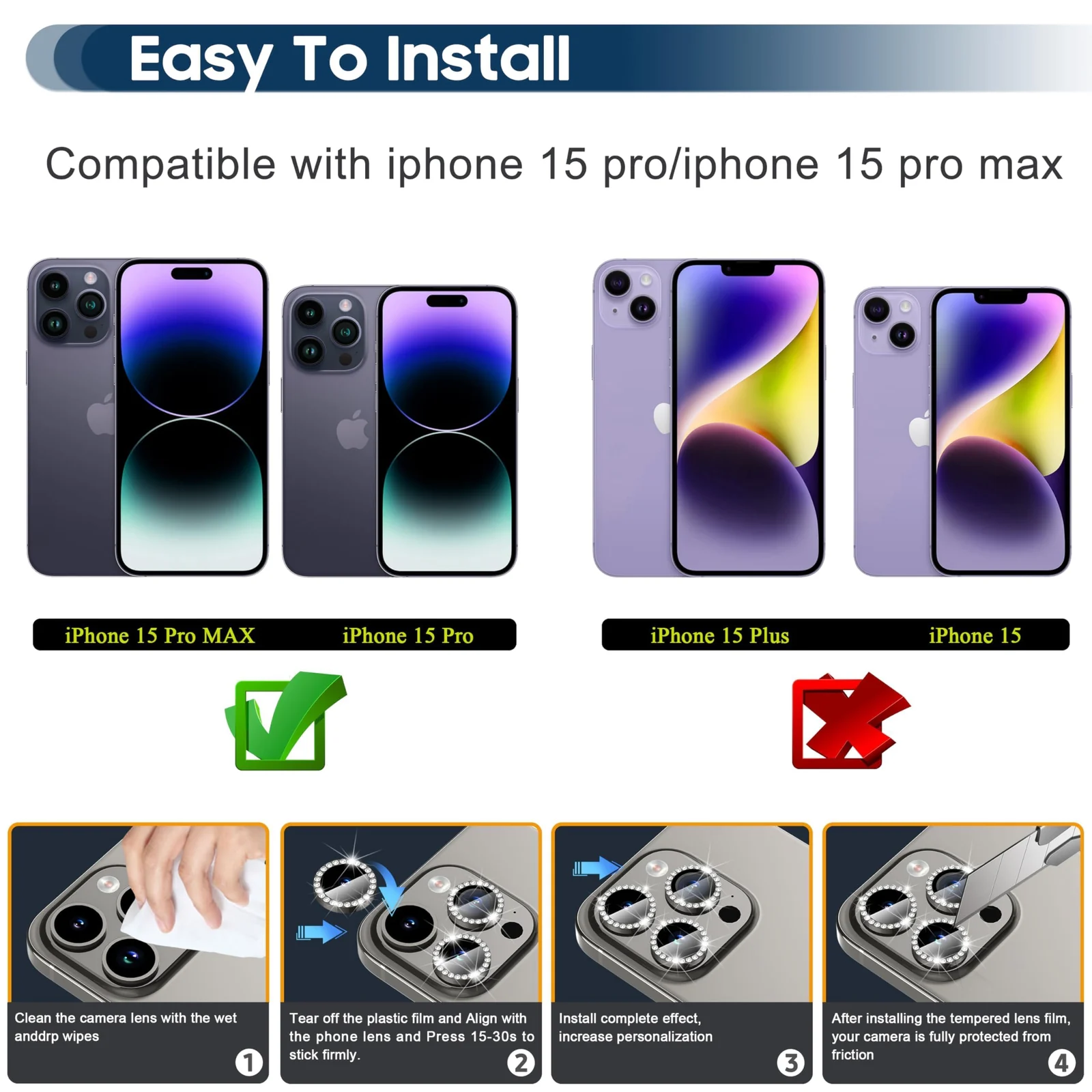 DL3 Mobilak Camera Lens Protector For iPhone 15 Pro/iPhone 15 Pro Max, [Keep Original Shooting] Tempered Glass Screen Protector Metal Individual Camera Cover, Case Friendly - Diamond Grey