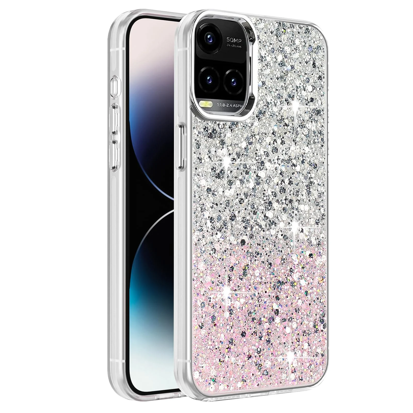 Dl3 Mobilak Compatible with Vivo Y33S 4G/Y33/Y21S /Y21 Case, Clear Glitter Bling Sparkly, Soft TPU Frame Bumper, Hard-Back Cover for Women & Girls, Transparent Protective Phone Case (Pink Green)