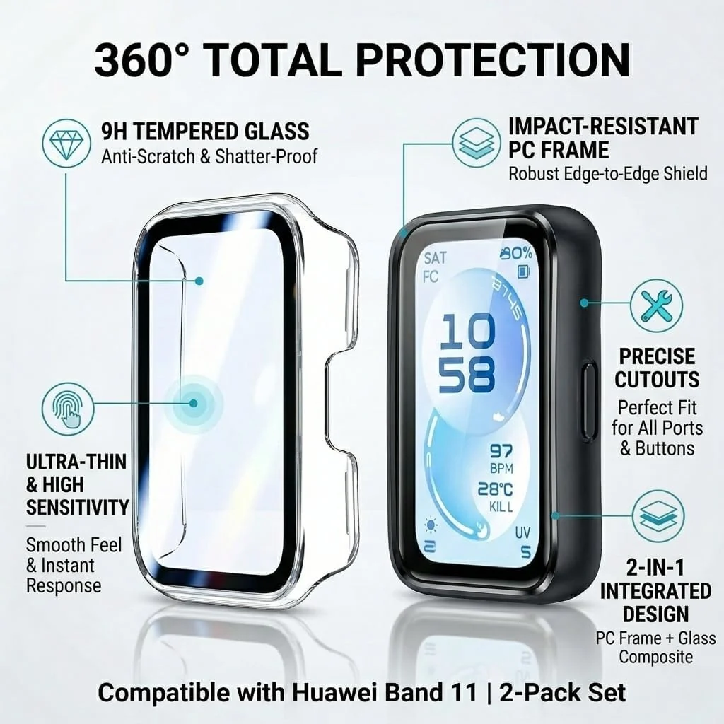 DL3 Mobilak Case with Screen Protector for Huawei Band 11, Bumper Full Coverage Hard PC Overall Protective Cover, Built-in Tempered Glass Film High Sensitivity For Huawei Band 11 - Clear