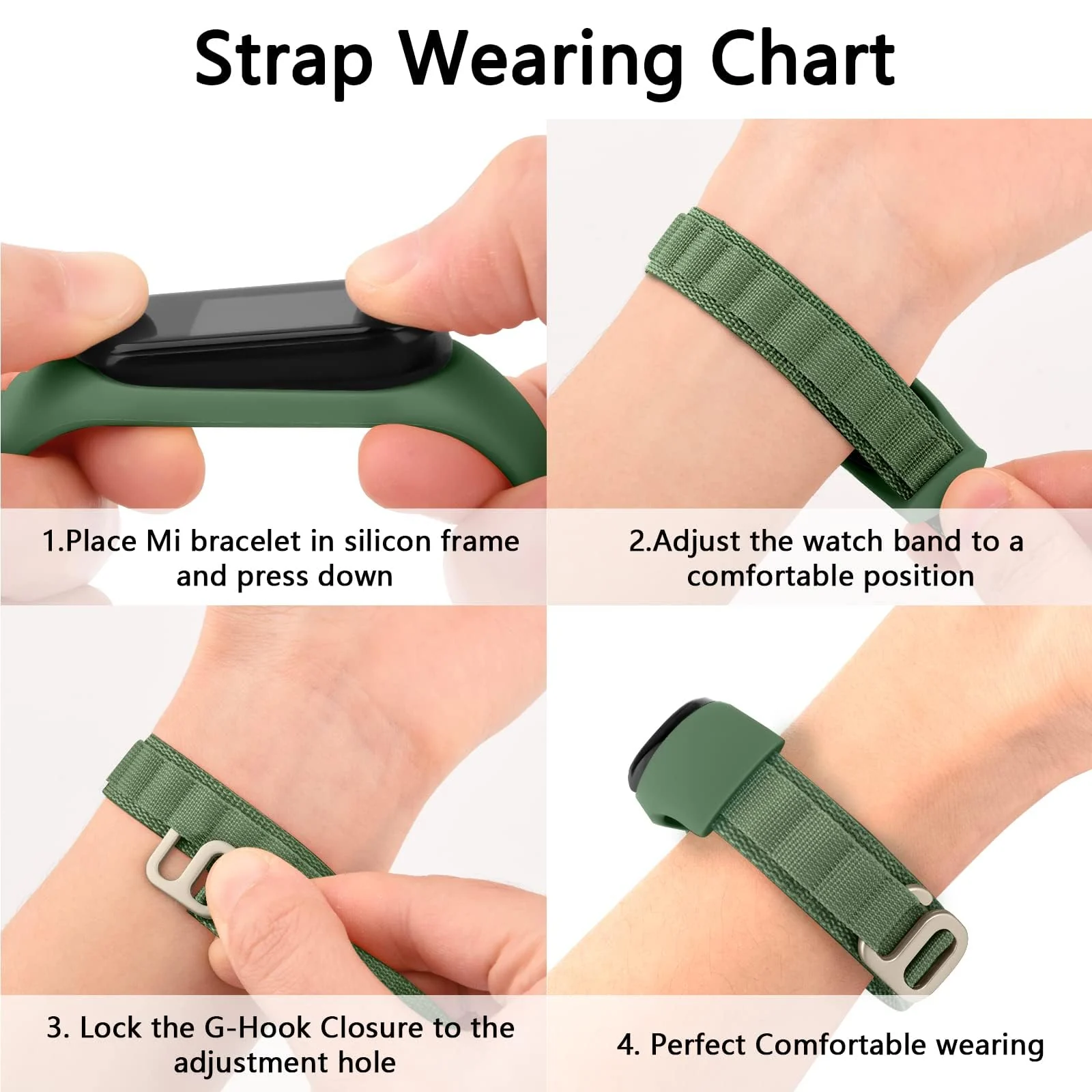 DL3 Mobilak Alpine Loop Band for Xiaomi Mi Band 7/Mi Band 6/Mi Band 5/Mi Band 4/Mi Band 3, Women Men Nylon Sport Solo Loop Rugged Wristband with G‑Hook - Green