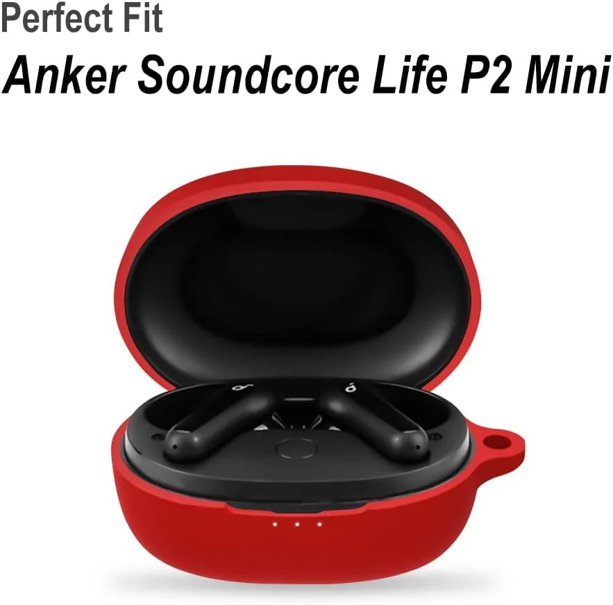 DL3 Mobilak Silicone Case Compatible with Soundcore Life P2 Mini Earbuds, Soft Silicone Protective Case Cover, Shockproof Sleeve with Carabiner - Red
