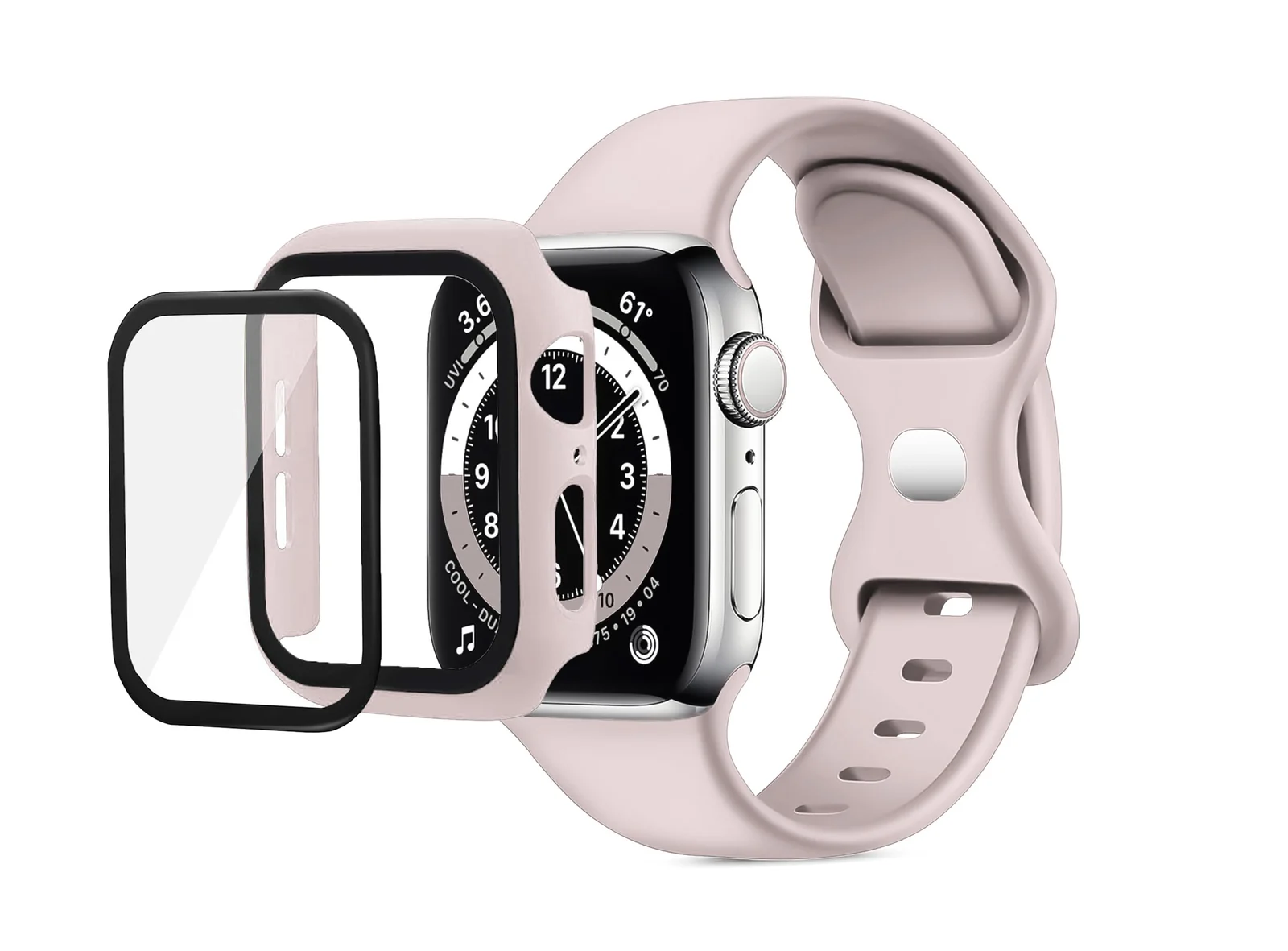DL3 Mobilak Band with Case Compatible with Apple Watch 45mm, Adjustable Silicone Sport Wristband Replacement, Strap With Cover Built-in Glass Screen Protector for iWatch Series 9 8 7 - Light Pink