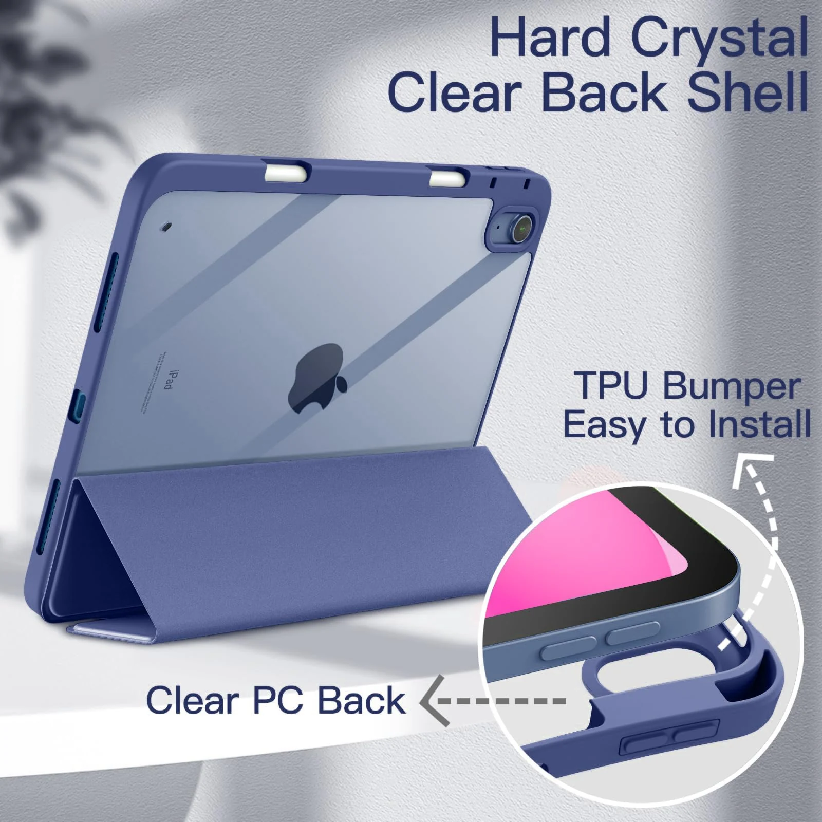 DL3 Mobilak Case for For iPad Air 11-Inch M2 (2024), iPad Air 5/4 (2022/2020 5th/4th 10.9-Inch), Clear Shockproof Back Cover Built-in Pencil Holder, Auto Sleep/Wake - Navy Blue
