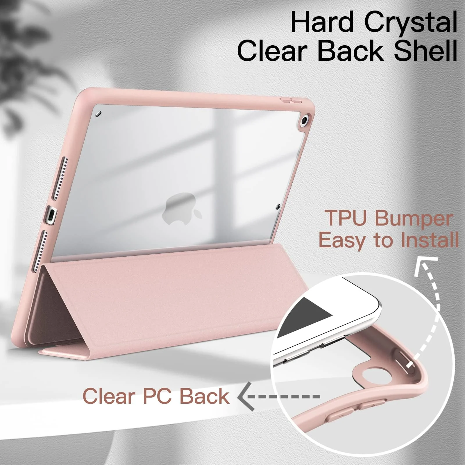 DL3 Mobilak Case for iPad 10.2-Inch (9th/8th/7th Generation, 2021/2020/2019), Clear Shockproof Back Cover Built-in Pencil Holder, Auto Sleep/Wake - Pink