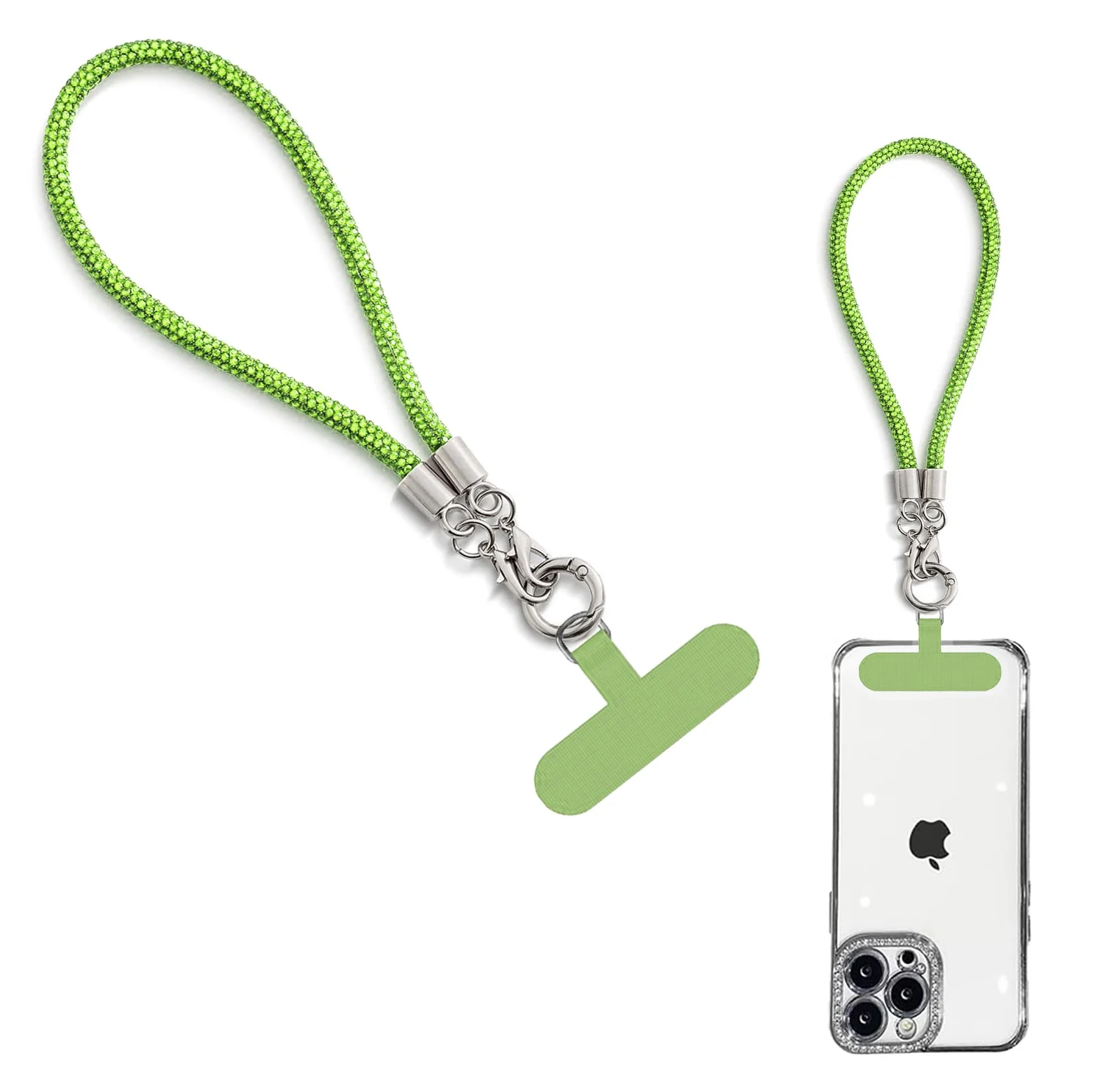 DL3 Mobilak Glitter Phone Wrist Strap, Bling Rhinestone Short Hand Lanyard Bracelet with Keychain & Card Holder, Universal Mobile Phone Chain & Handbag Strap for Women - Green
