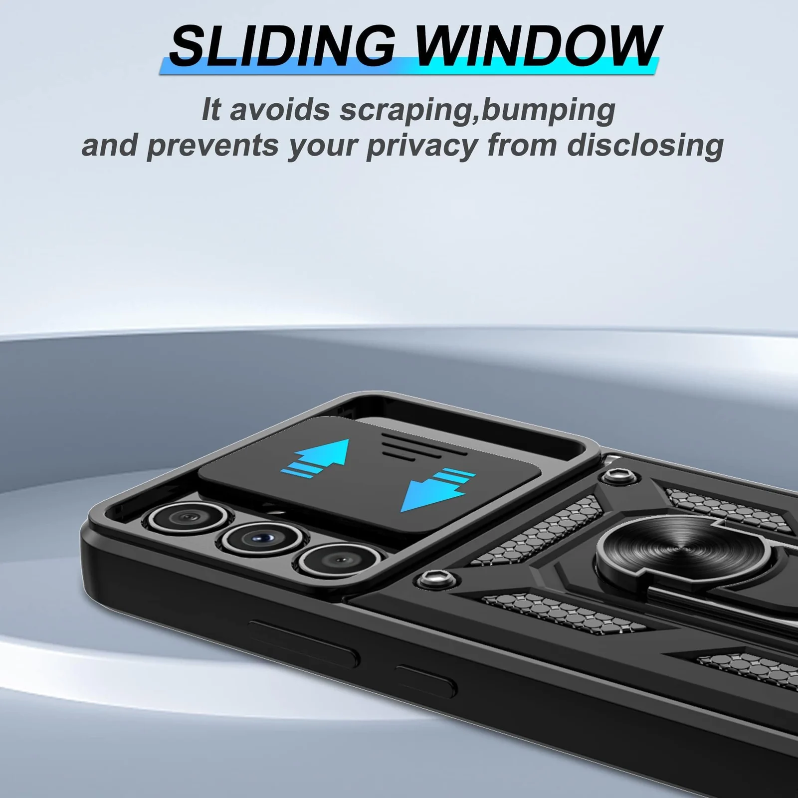 DL3 Mobilak Case for Samsung Galaxy A15 5G with Slide Camera Cover, Military Grade Shockproof Protective Cover with Rotatable Metal Ring Kickstand [Support Magnetic Car Mount] - Black