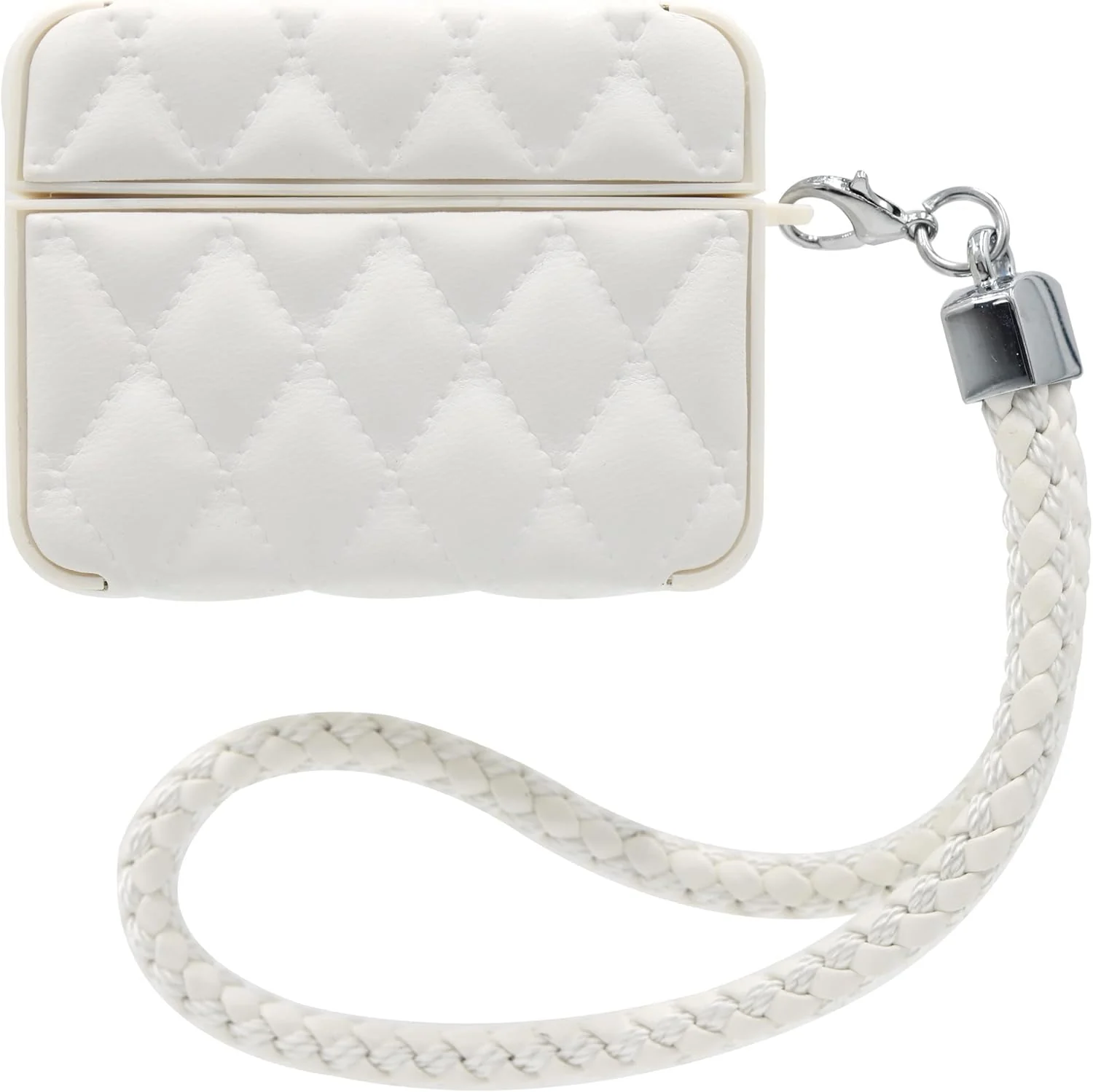 MOBIGON Diamond-Quilted PU Leather Case with Lanyard for Apple AirPods Pro 1 / 2, White
