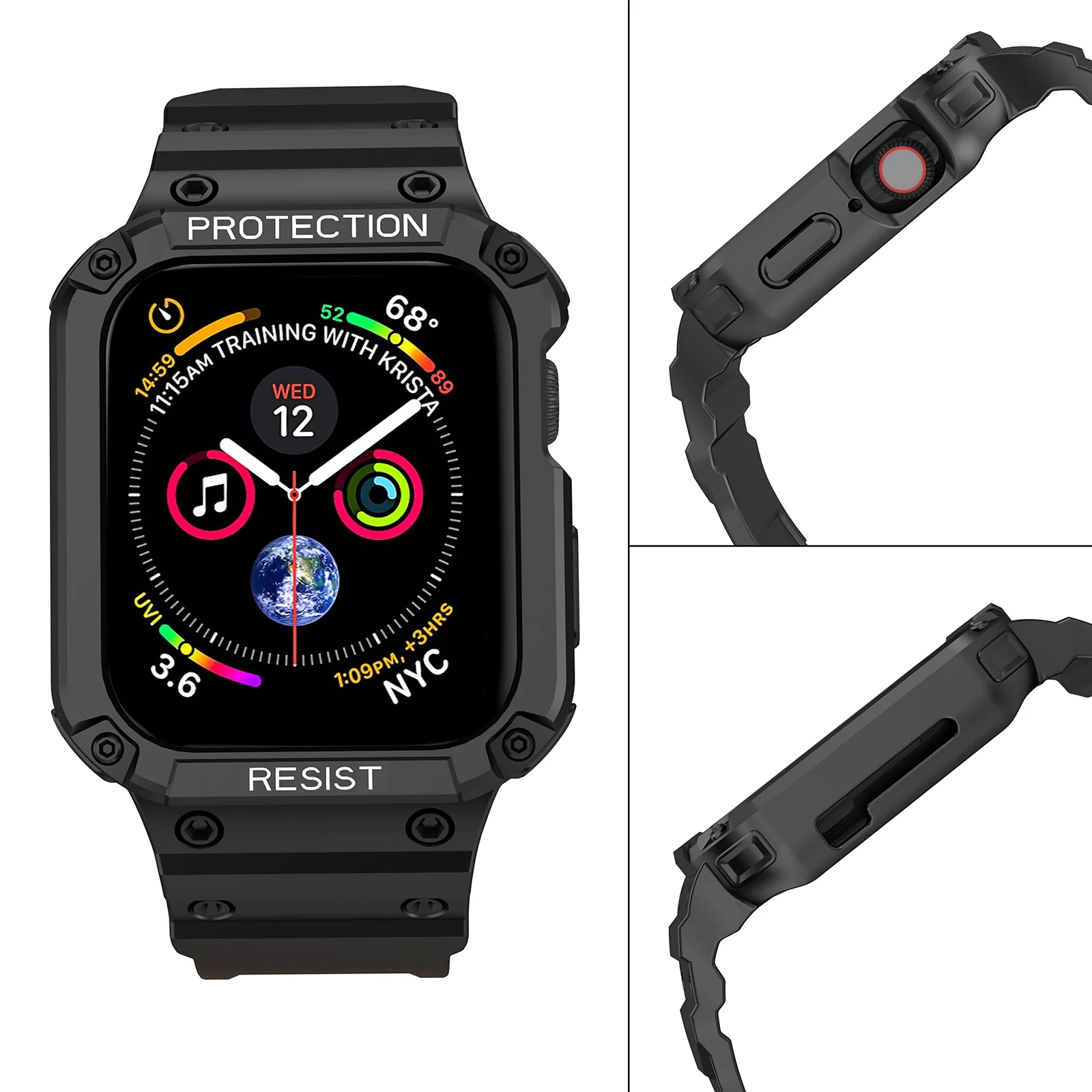 DL3 Mobilak Compatible With Apple Watch Band 45mm 44mm 42mm with Bumper Case, Rugged Men Bands for iWatch SE SE 2 Series 9 8 7 6 5 4 3 2 1, Sport Military Protector Drop-proof Shockproof - Black