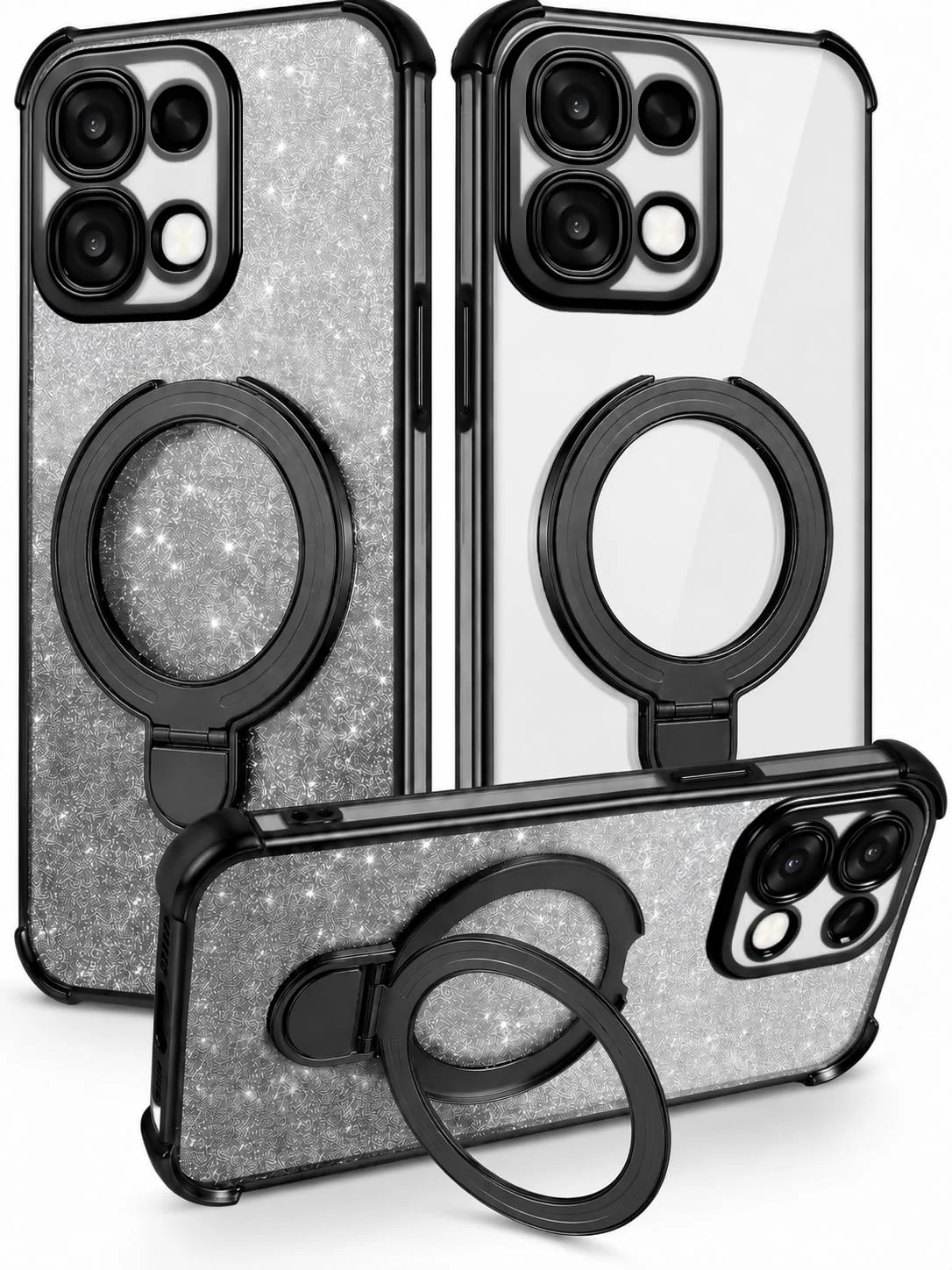Mobigon Glitter Phone Case Compatible with OPPO A6 Pro, Magnetic Ring Stand Shockproof Cover, Clear Soft TPU Bumper with Full Camera Protection - Black