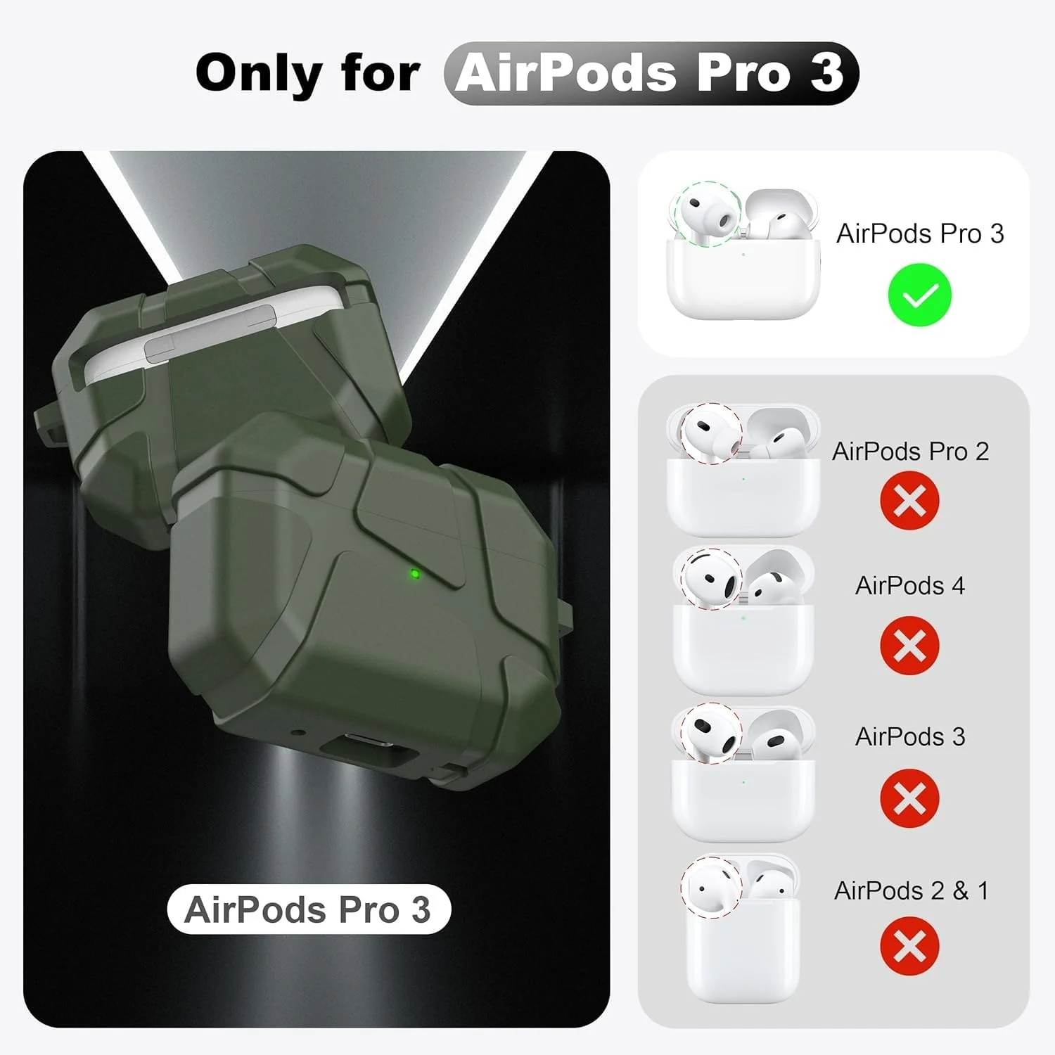 DL3 Mobilak Case Compatible with AirPods Pro 3 (2025), Shockproof Silicone Protective Case Compatible with AirPods Pro 3 (2025) Generation, Hard Shell Design, Anti-Scratch - Green