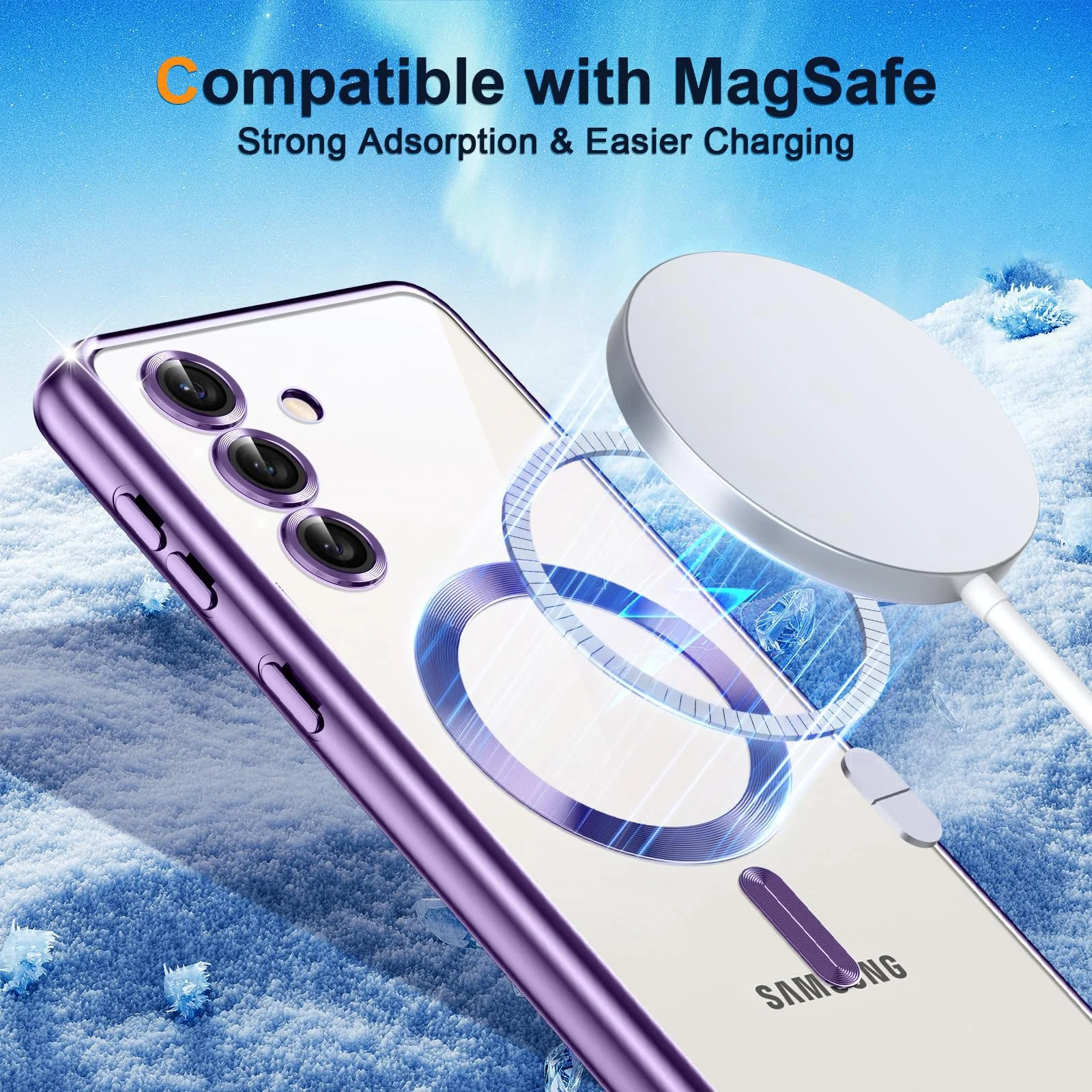 DL3 Mobilak For Samsung Galaxy A35 5G Magnetic Case, Compatible with MagSafe, Built-in Camera Lens Protector, Luxury Plating Soft TPU Clear Shockproof Slim Thin Cover - Purple
