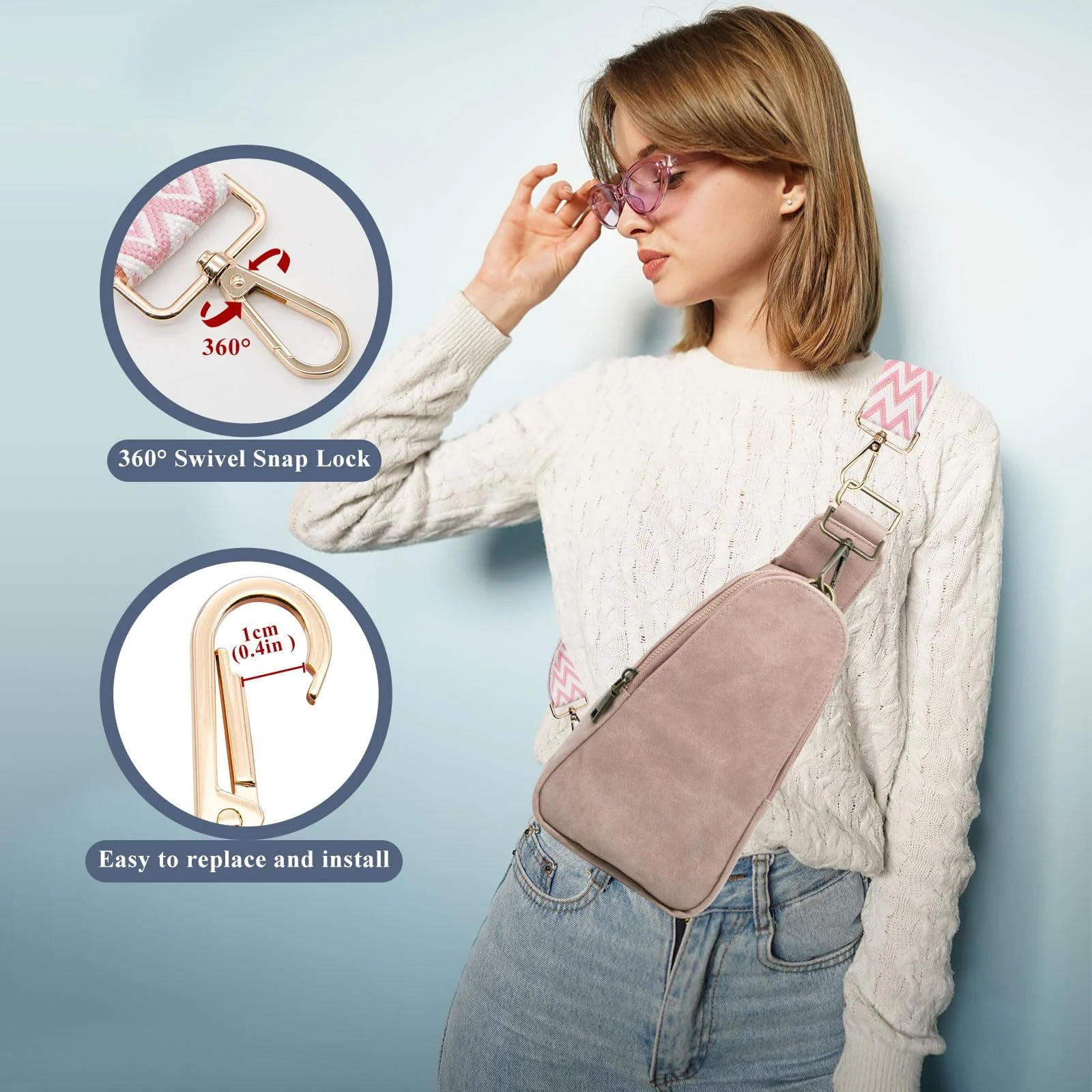 DL3 Mobilak Adjustable Wide Crossbody Bag Strap for Women, Replacement Shoulder Strap for Handbags, Totes & Purses with Elegant Embroidered Pattern and Metal Hooks - White-Pink