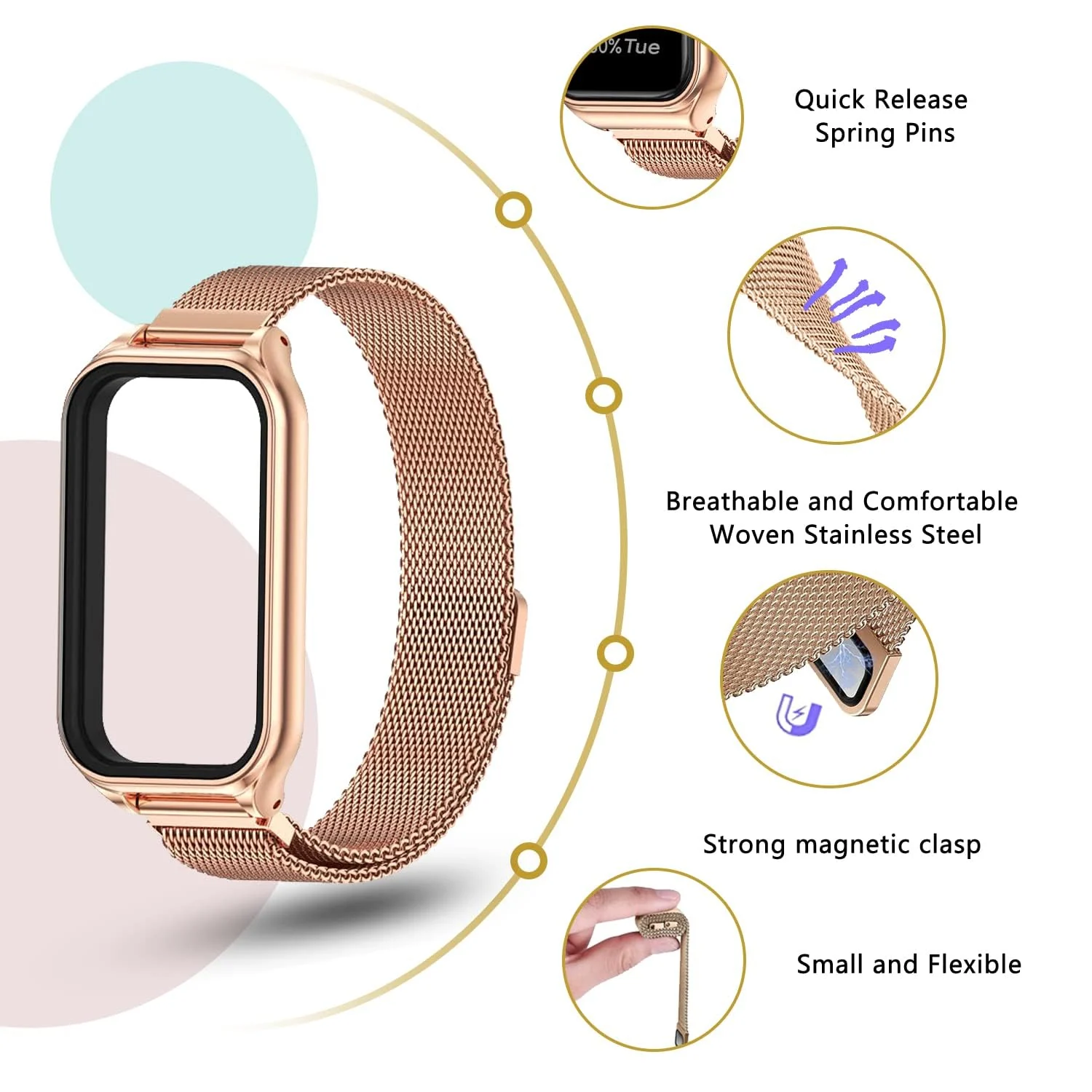 DL3 Mobilak Bracelet Compatible with Xiaomi Redmi Band 2/Smart Band 8 Active, Stainless Metal Magnetic Replacement Strap - Rose Gold