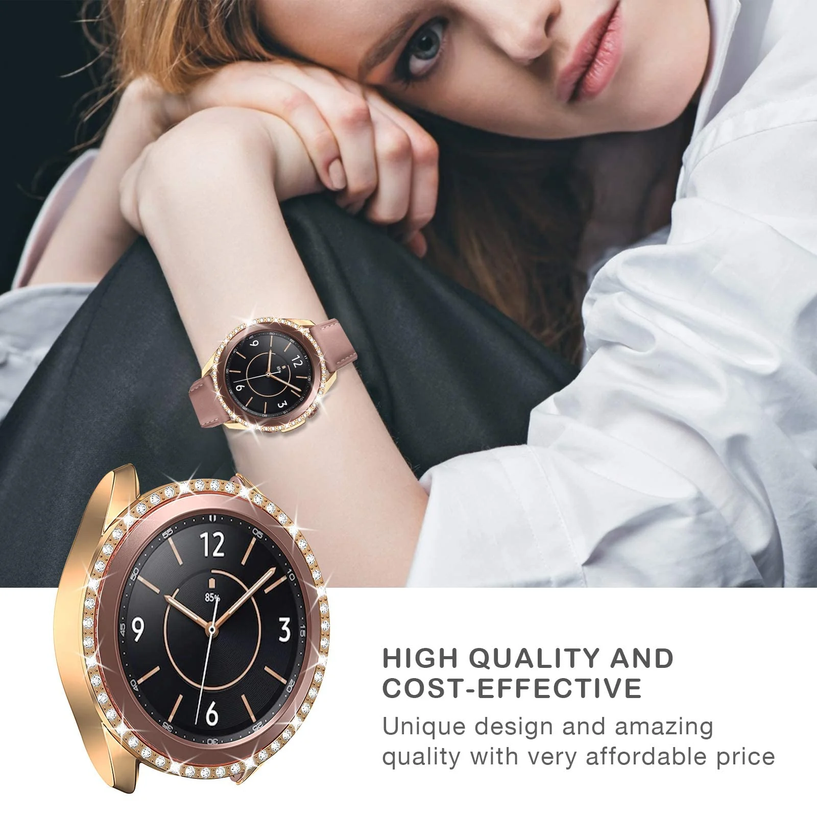 DL3 Mobilak Bumper Diamond Case Compatible with Samsung Galaxy Watch 3 45MM, Bling Crystal Diamonds PC Plastic Protector Case Cover Frame for Galaxy Watch3 45 MM - Rose Gold