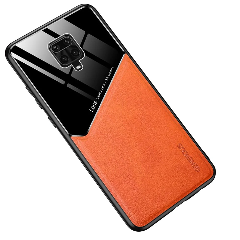 DL3 Mobilak Faux Leather and Plexiglass Protective Case with TPU Frame and Magnetic Car-Mount Support for Xiaomi Redmi Note 9S / 9 Pro / 9 Pro Max - Orange