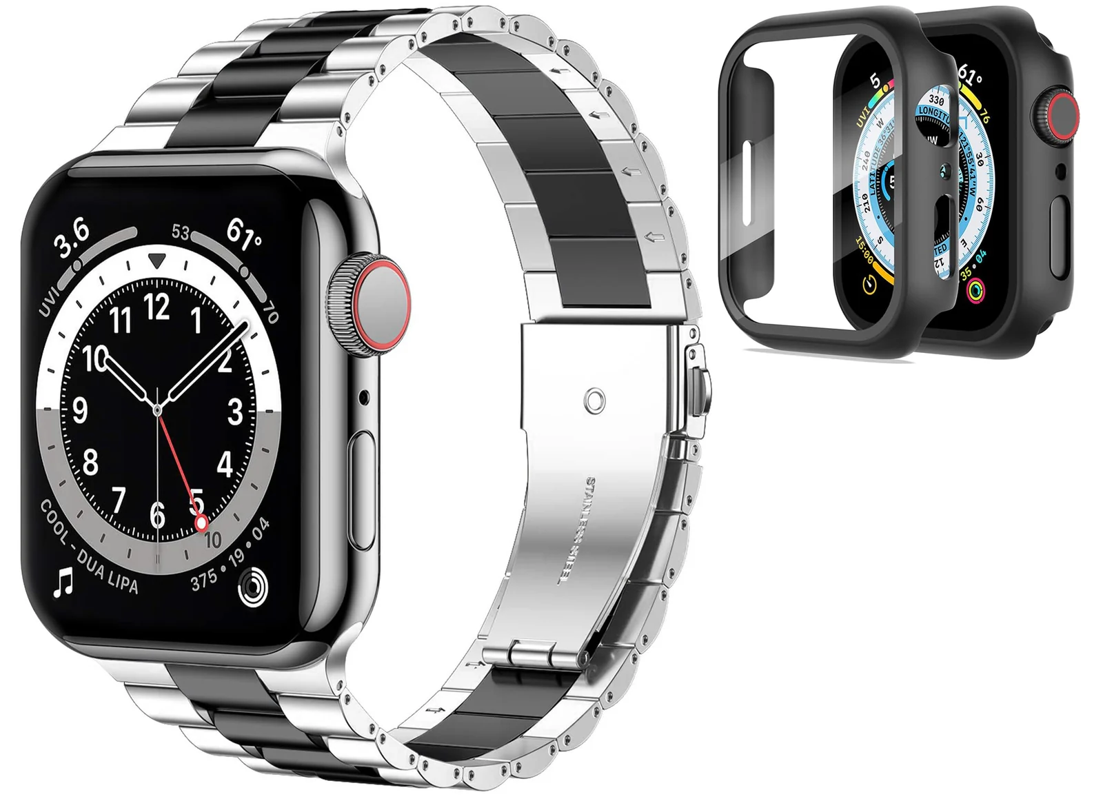 DL3 Mobilak Stainless Steel Band with Case Compatible with Apple Watch Band 45mm Series 9/8/7, Men Woman Business Strap with Protective Bumper Cover for iWatch Series 7/8/9 45mm - Silver Black