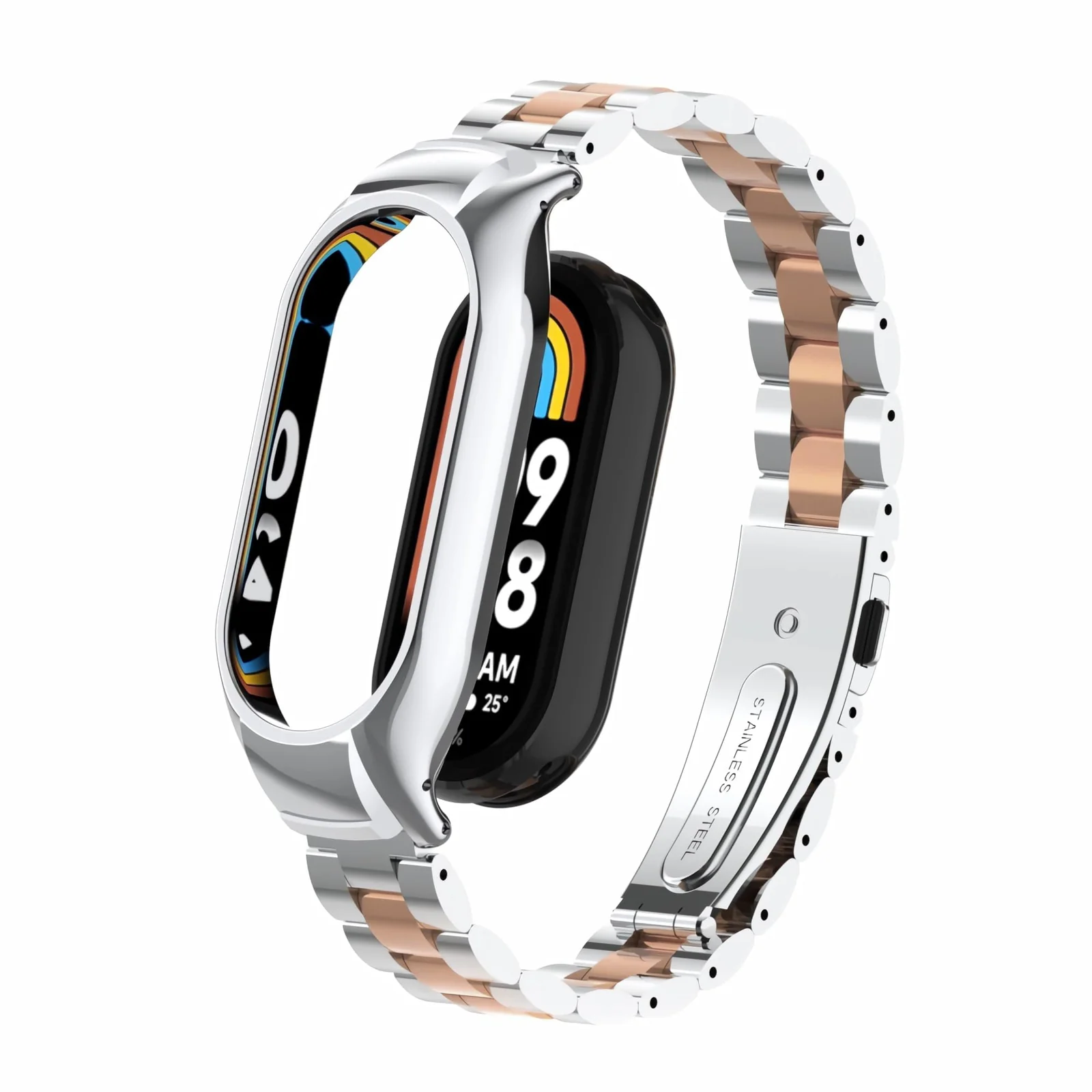 DL3 Mobilak Compatible For Xiaomi Mi Band 7 Strap, Metal Bracelet MiBand 7 Waterproof Stainless Steel Wrist Strap Accessory Band Strap for Xiaomi Mi Smart Band 7 - Silver Rose Gold